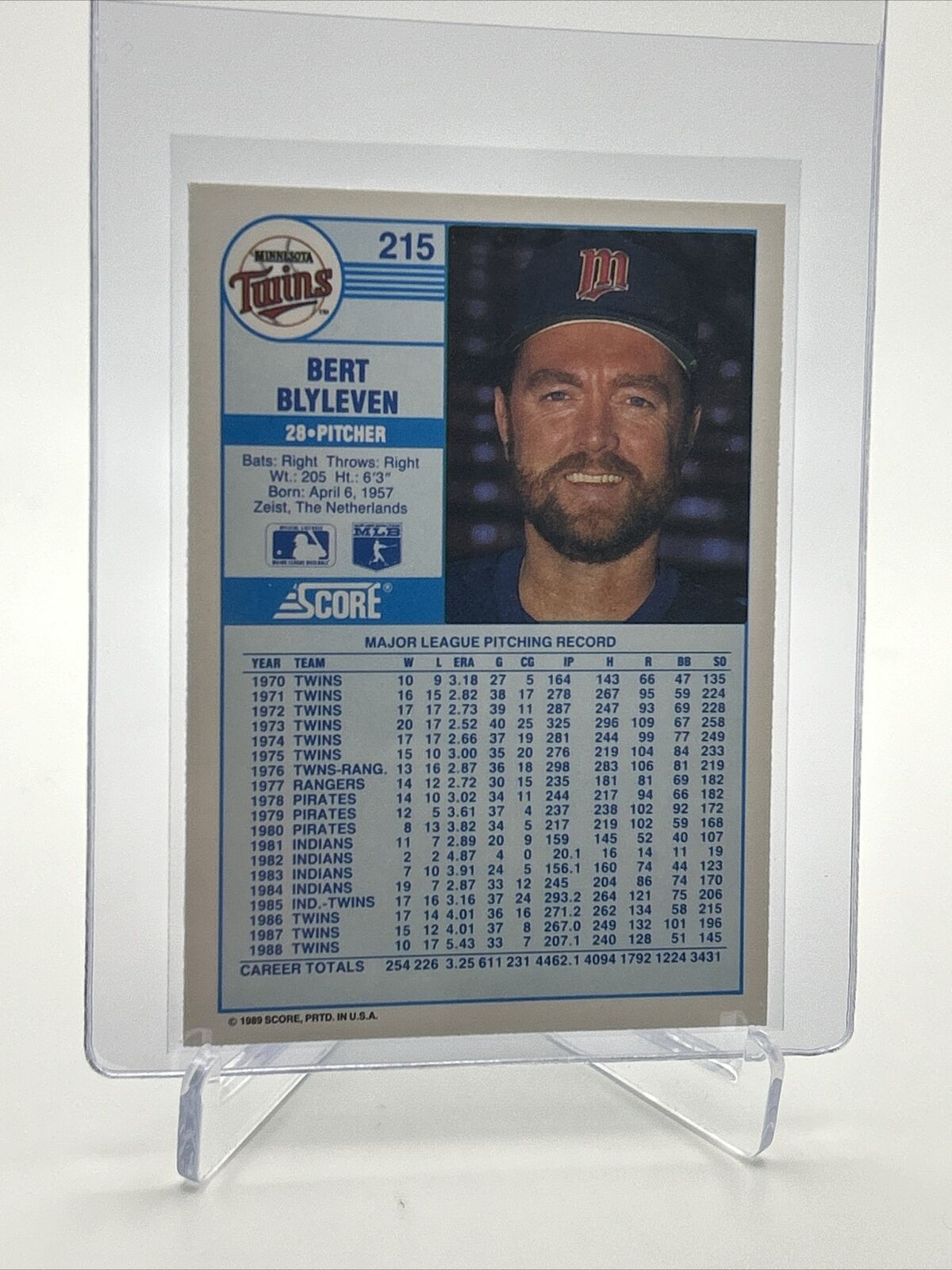 1989 Score Bert Blyleven Baseball Card #215 Mint FREE SHIPPING