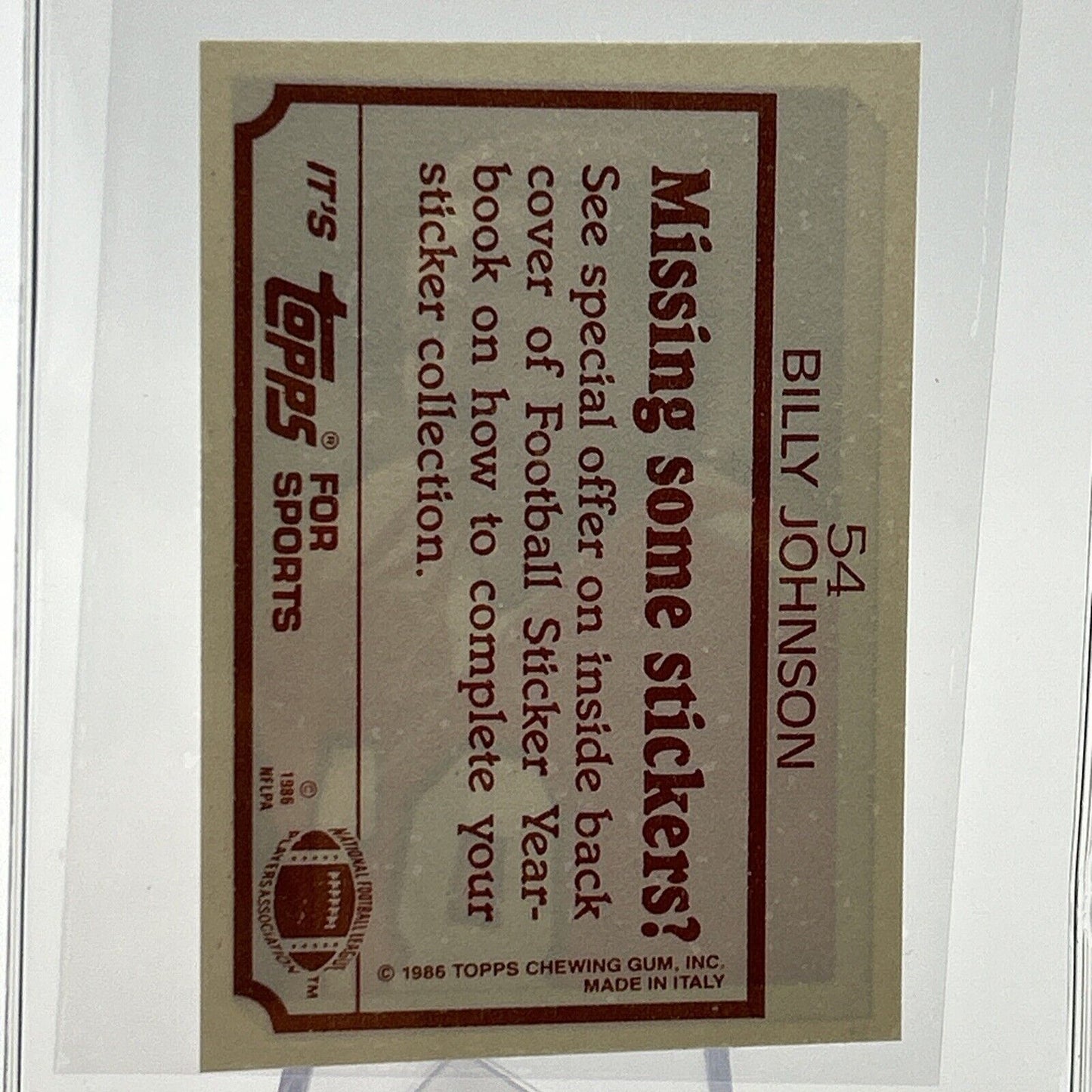 1986 Topps Billy Johnson Football Sticker Card #54 NM-MT FREE SHIPPING