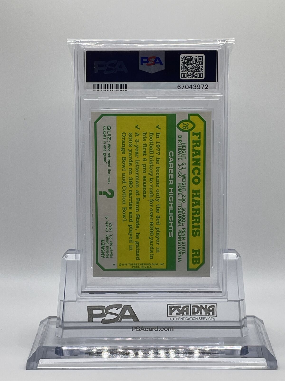 1978 Topps Holsum Franco Harris Football Card #26 PSA 7 Near Mint Cert 67043972