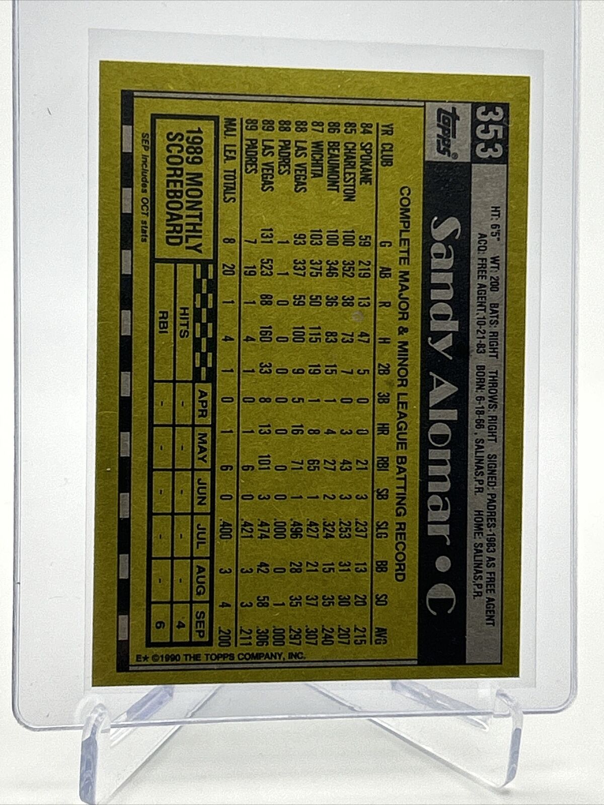 1990 Topps Sandy Alomar Baseball Card #353 Mint FREE SHIPPING