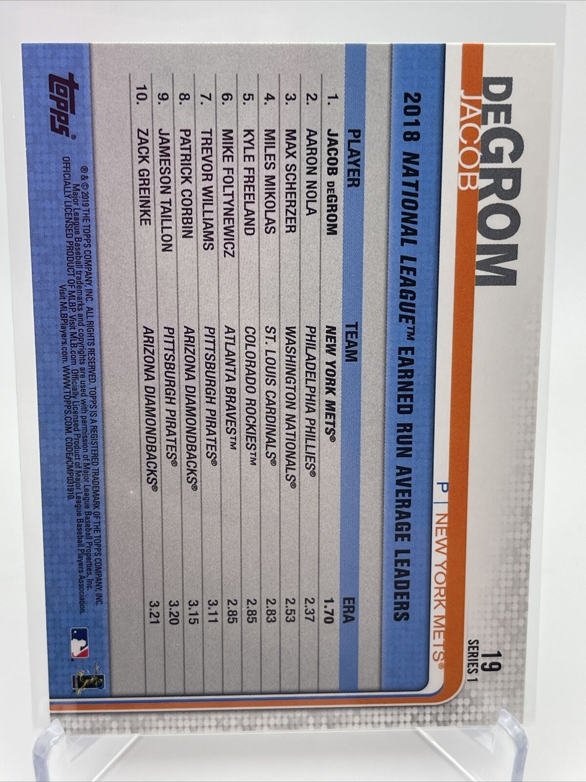 2019 Topps Jacob deGrom Baseball Card #19 Mint FREE SHIPPING