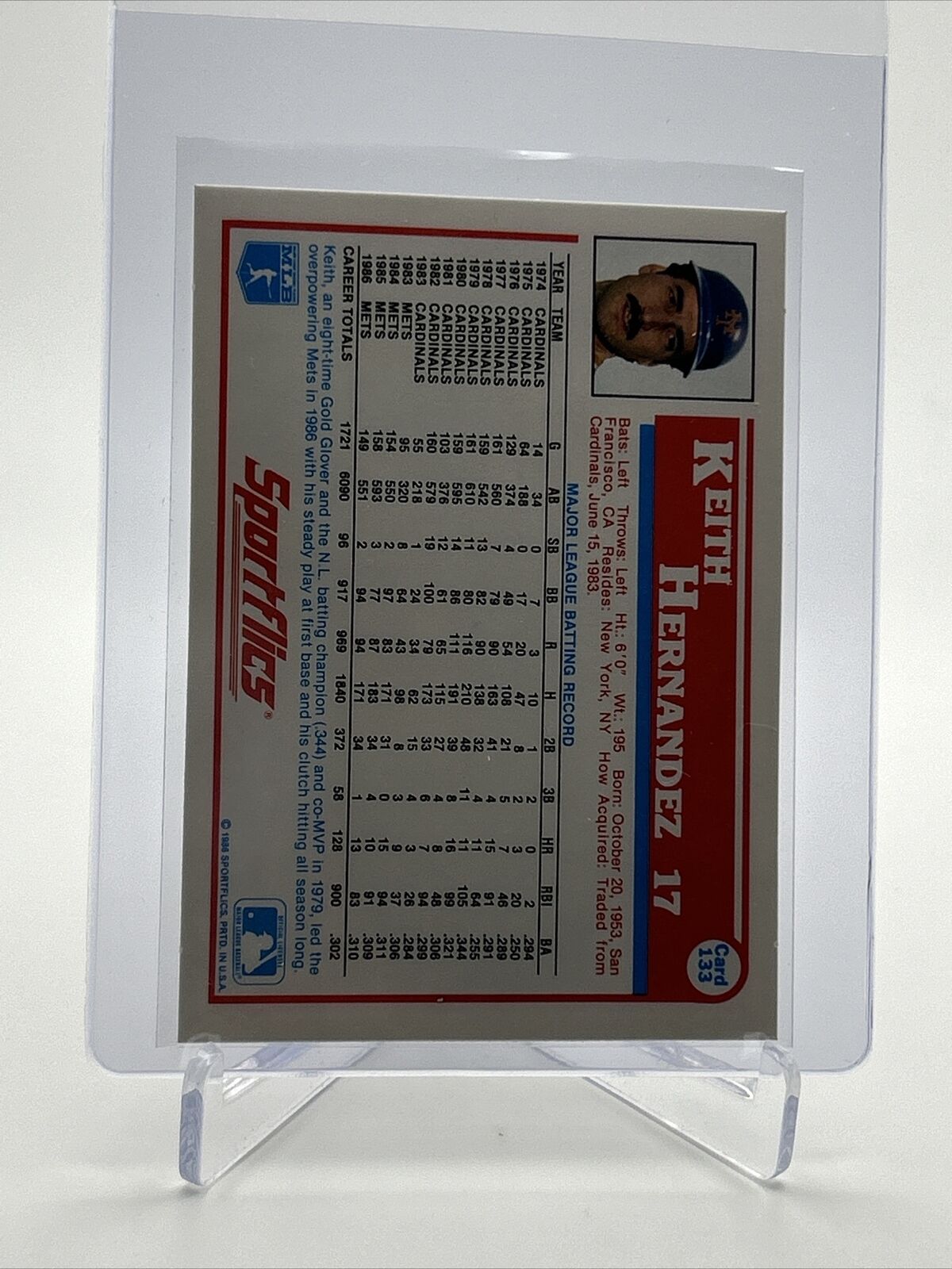 1987 Sportflics Keith Hernandez Baseball Card #133 Mint FREE SHIPPING