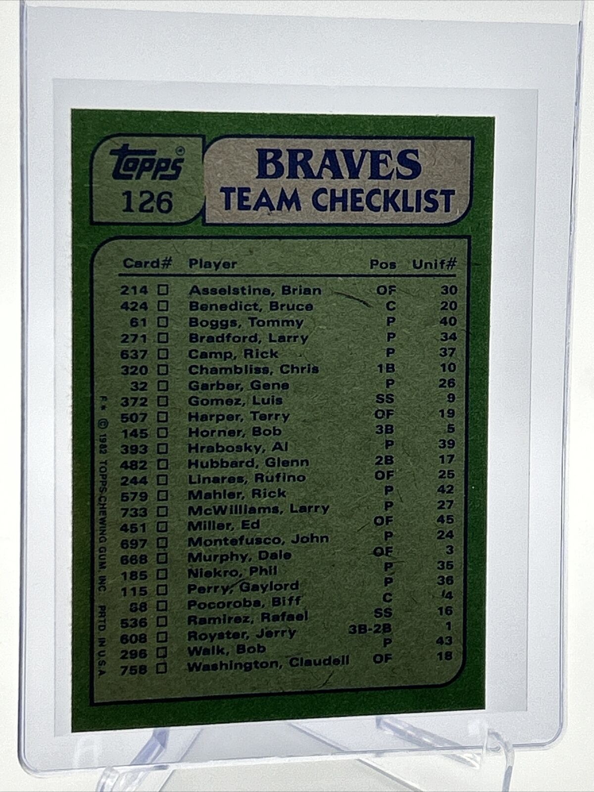 1982 Topps Braves Leaders/Checklist Baseball Card #126 NM-Mint FREE SHIPPING