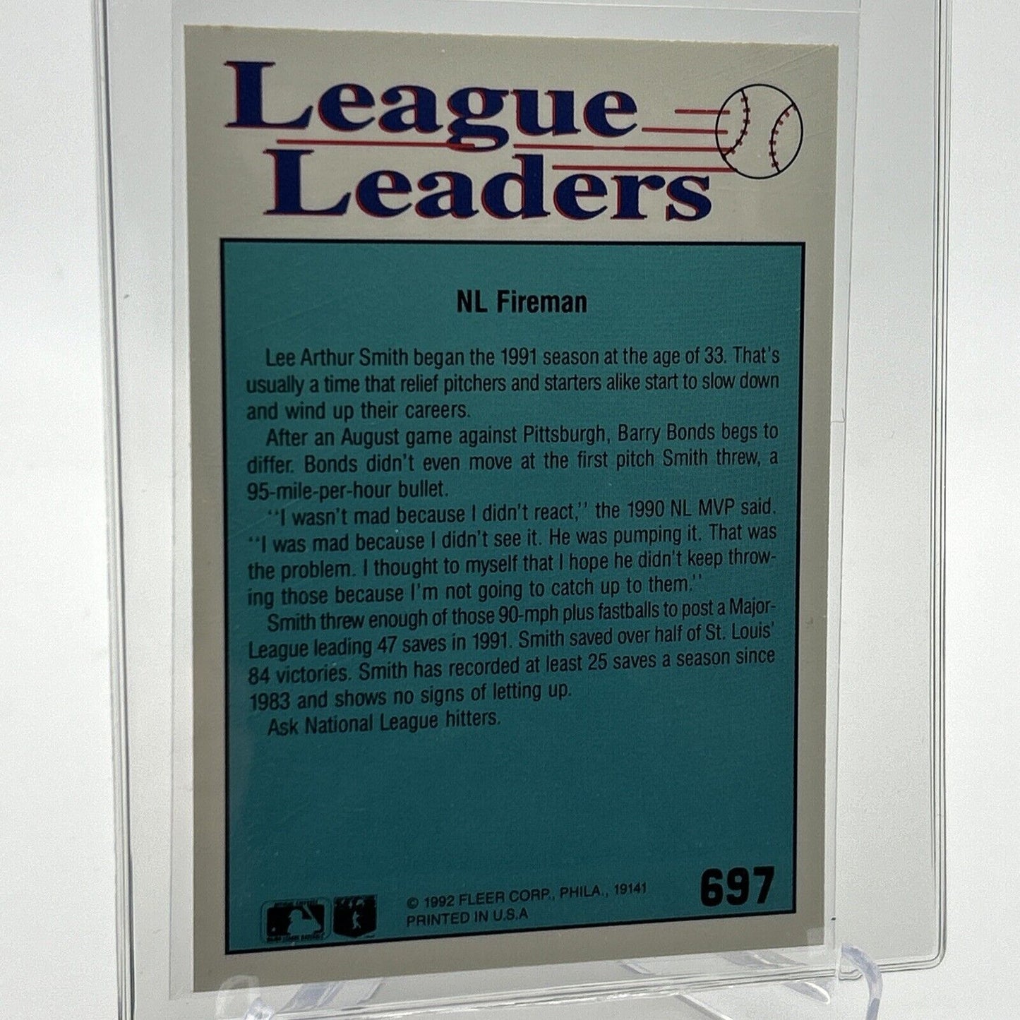 1992 Fleer Lee Smith Baseball Card #697 Mint FREE SHIPPING