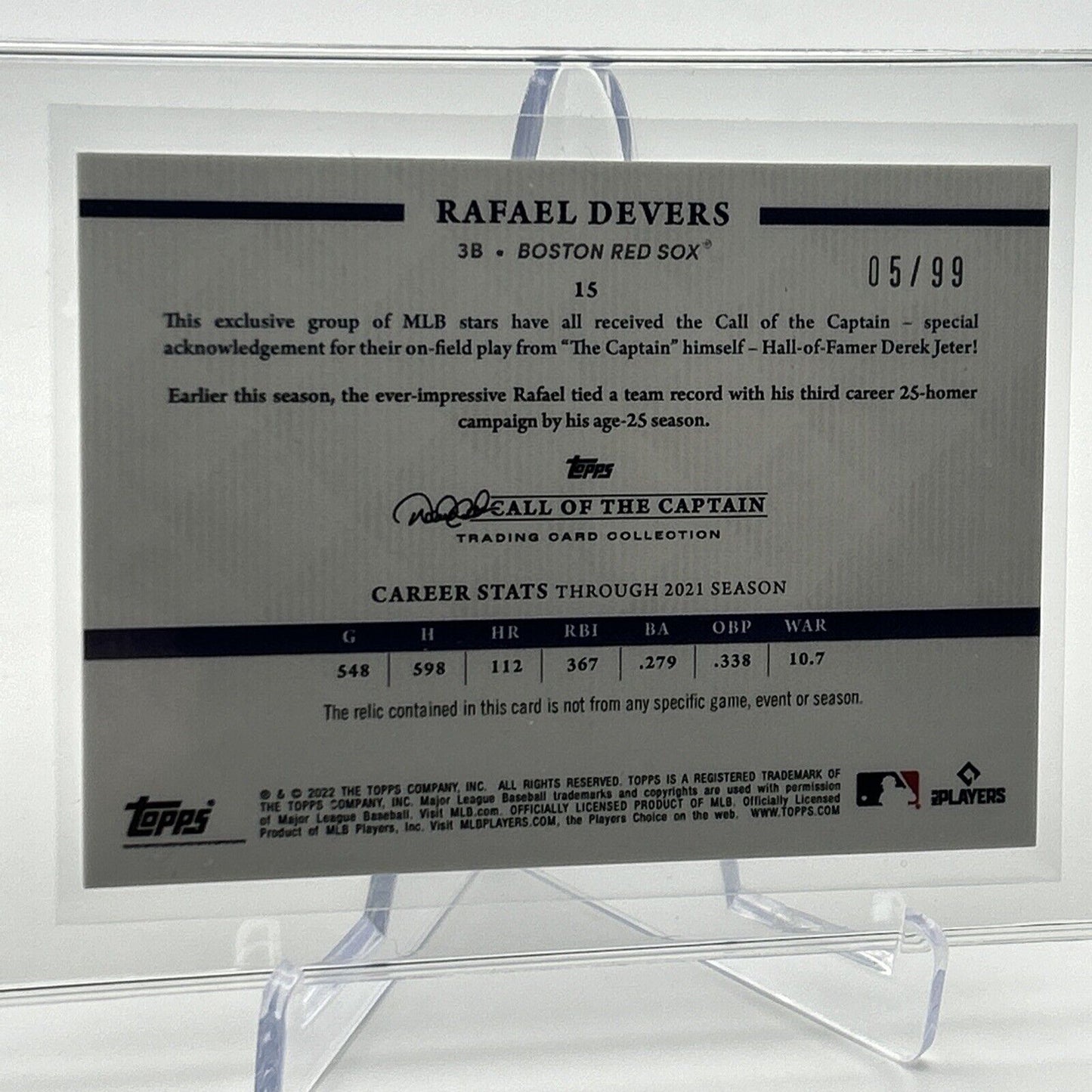 2022 Topps x Derek Jeter Call of the Captain Rafael Devers Jersey Card 5/99 #15