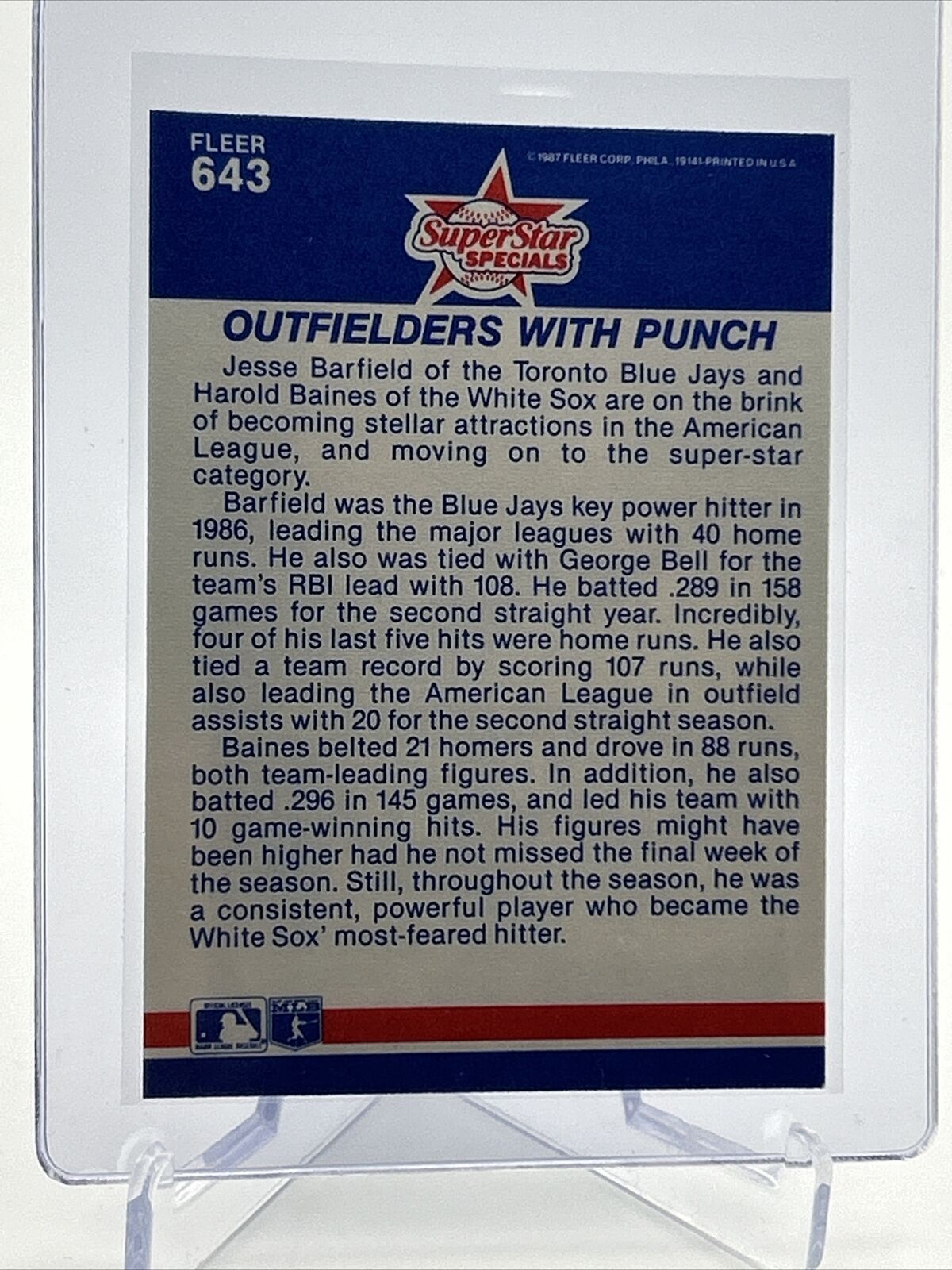 1987 Fleer Harold Baines/Jesse Barfield Baseball Card #643 Mint FREE SHIPPING
