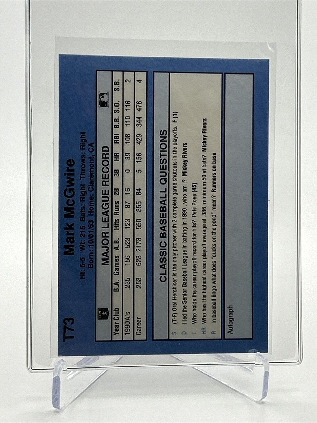 1991 Classic Mark McGwire Baseball Card #T73 Mint FREE SHIPPING