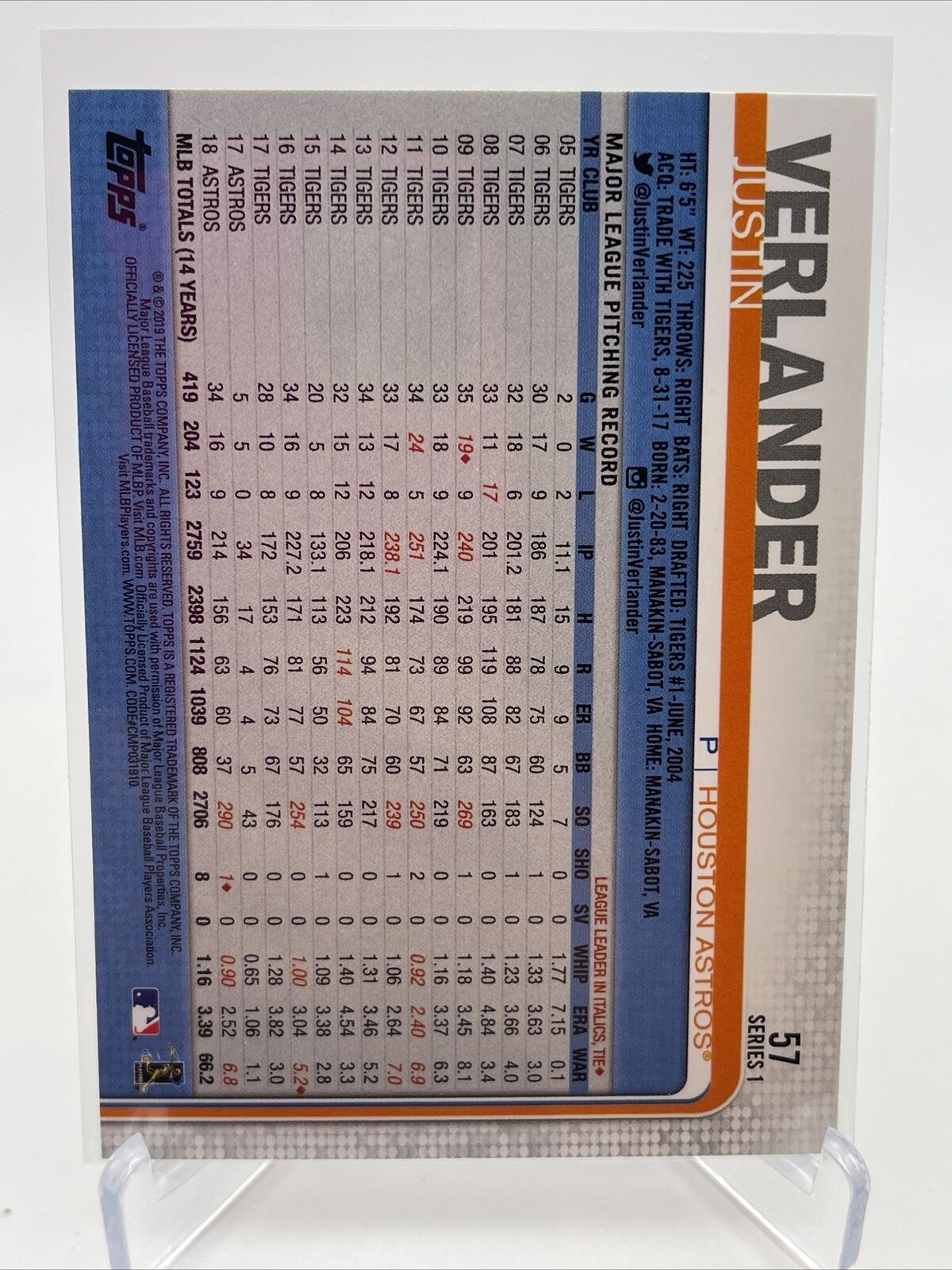 2019 Topps Justin Verlander Baseball Card #57 Mint FREE SHIPPING