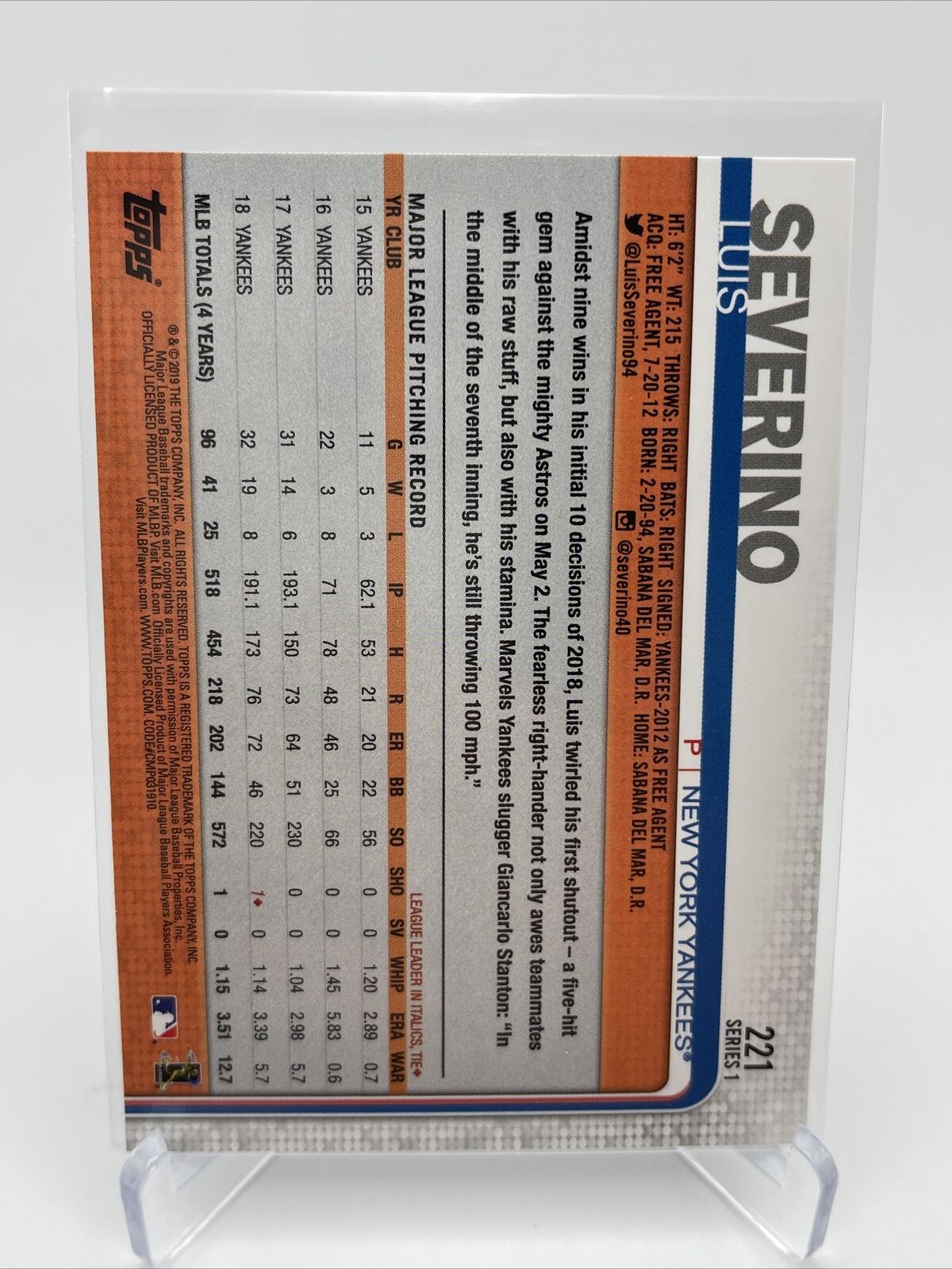 2019 Topps Luis Severino Baseball Card #221 Mint FREE SHIPPING