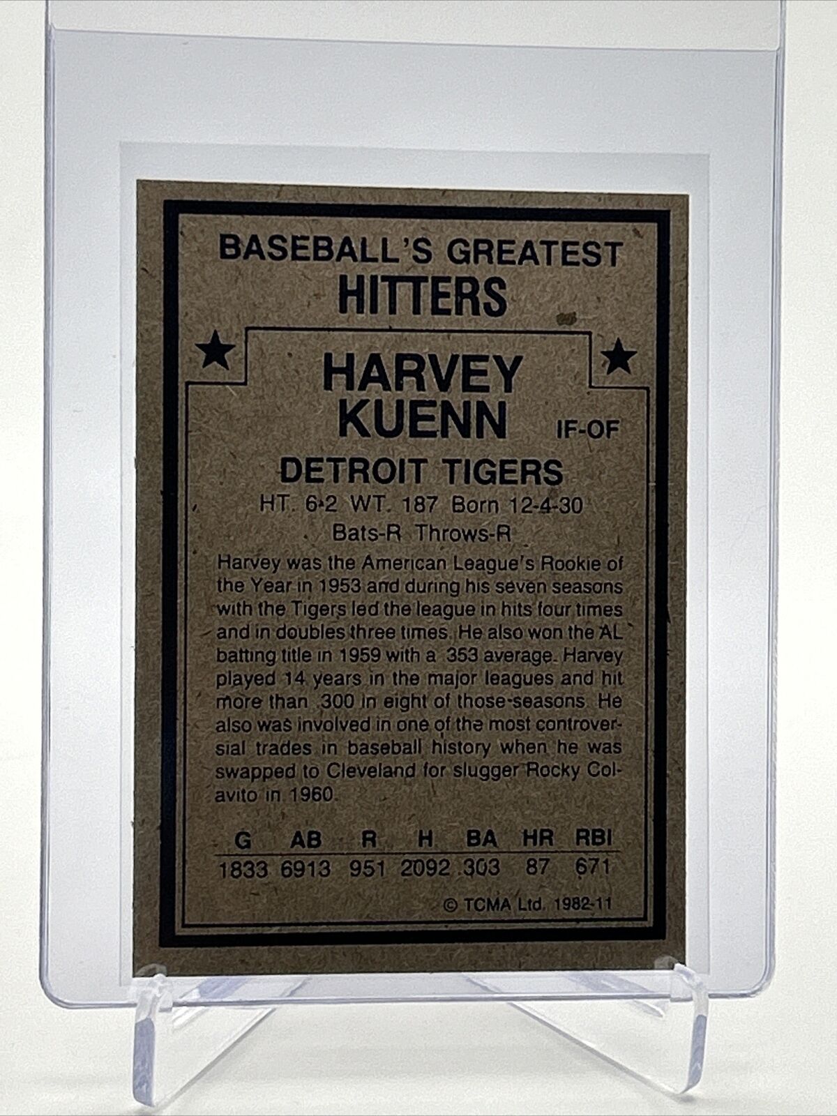 1982 TCMA Greatest Hitters Harvey Kuenn Baseball Card #11 Mint FREE SHIPPING