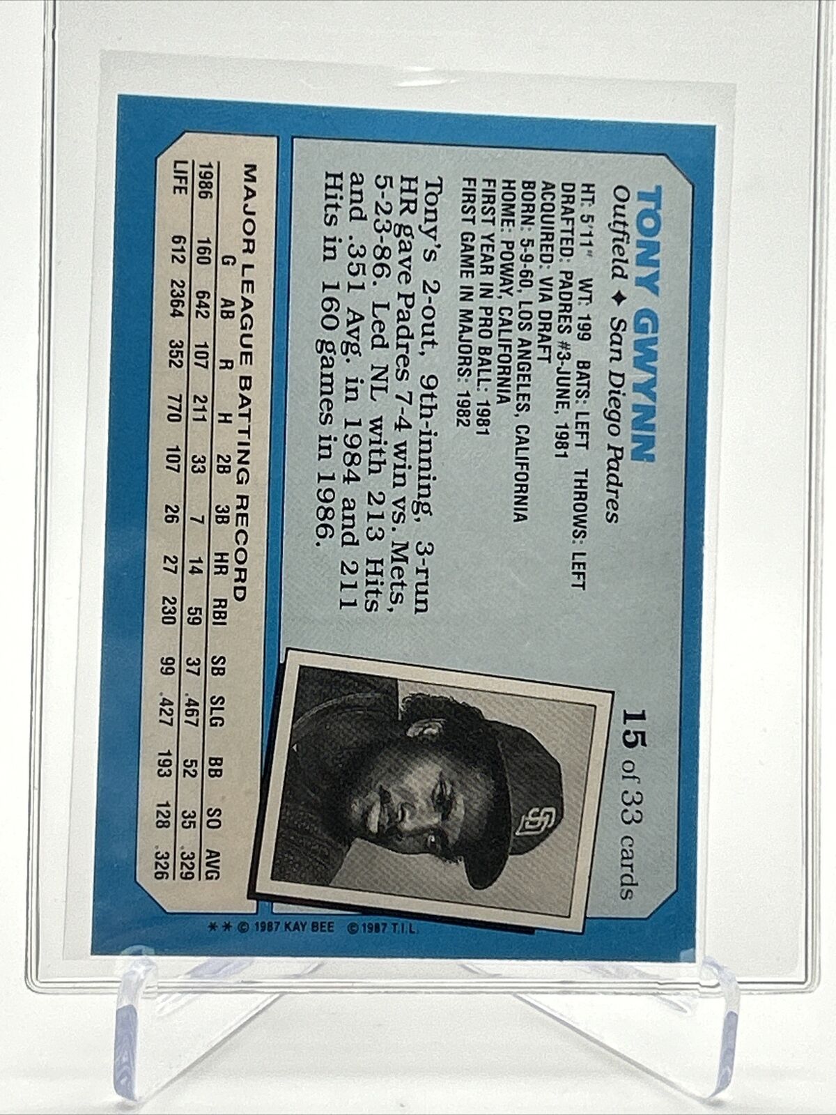 1987 Topps Kay-bee Tony Gwynn Baseball Card #15 Mint FREE SHIPPING