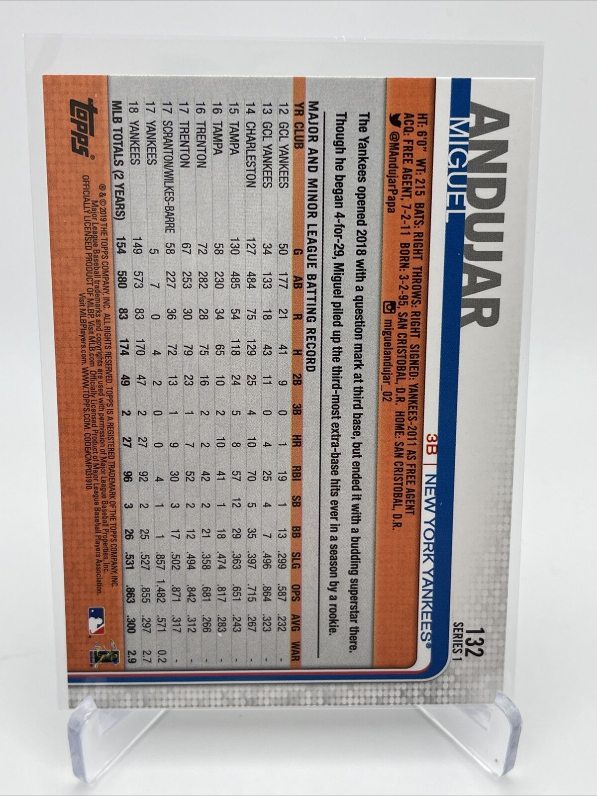 2019 Topps Miguel Andujar Baseball Card #132 Mint FREE SHIPPING