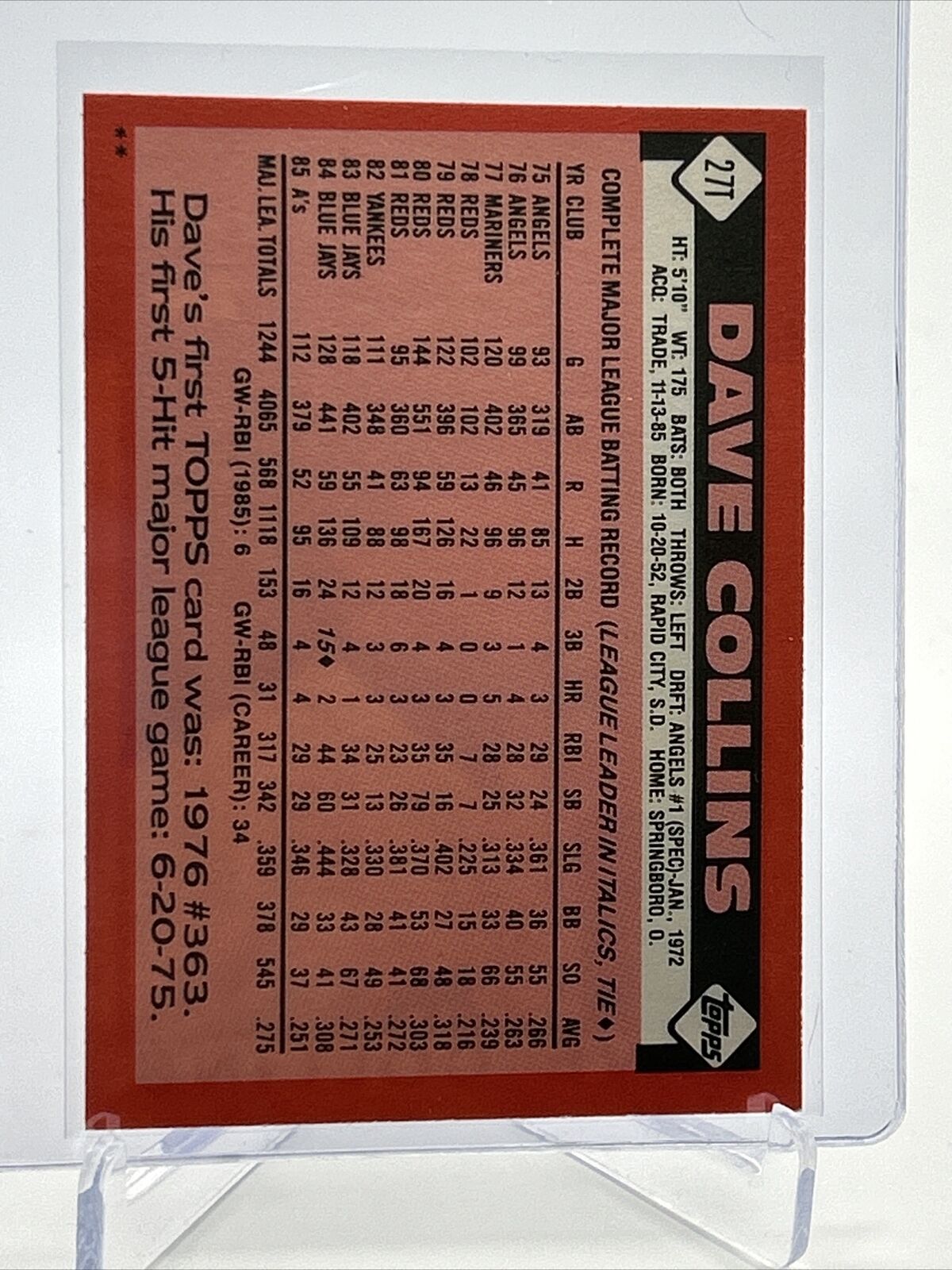1986 Topps Traded Dave Collins Baseball Card #27T NM-MT FREE SHIPPING