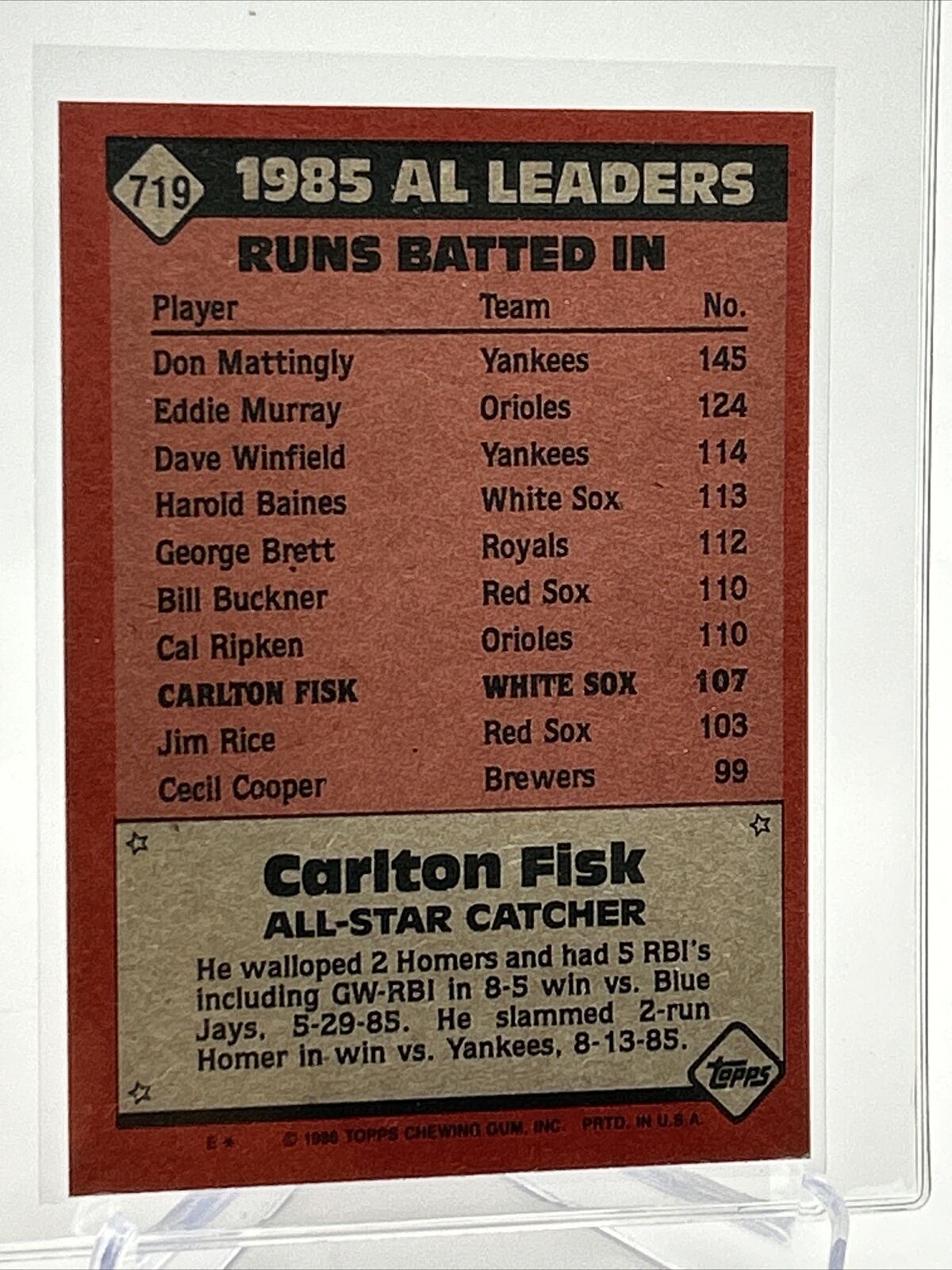 1986 Topps Carlton Fisk Baseball Card #719 NM-Mint FREE SHIPPING