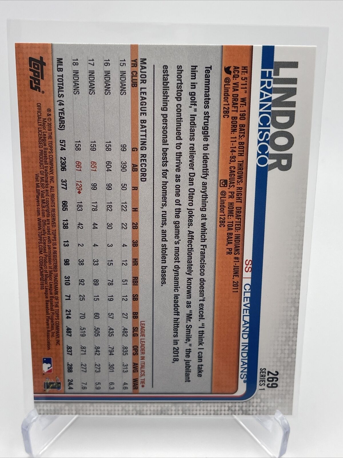 2019 Topps Francisco Lindor Baseball Card #269 Mint FREE SHIPPING