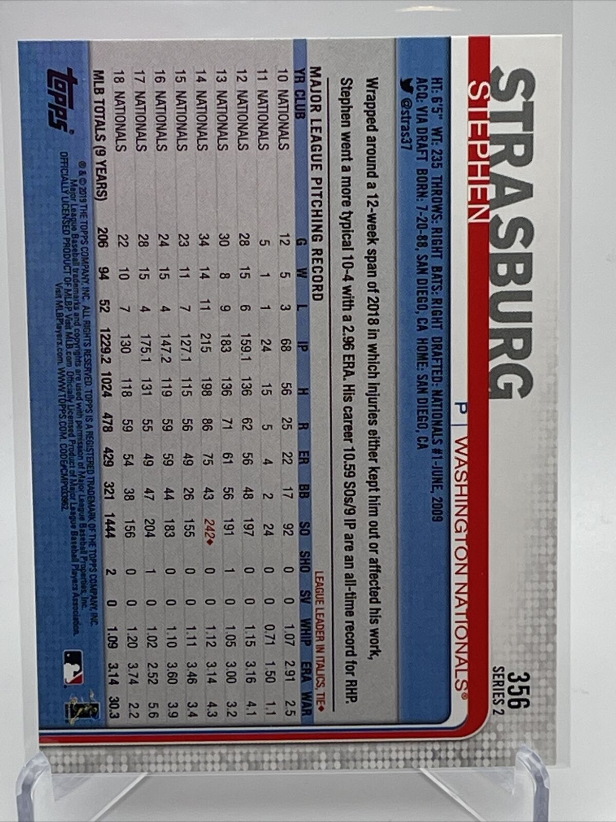 2019 Topps Stephen Strasburg Baseball Card #356 Mint FREE SHIPPING