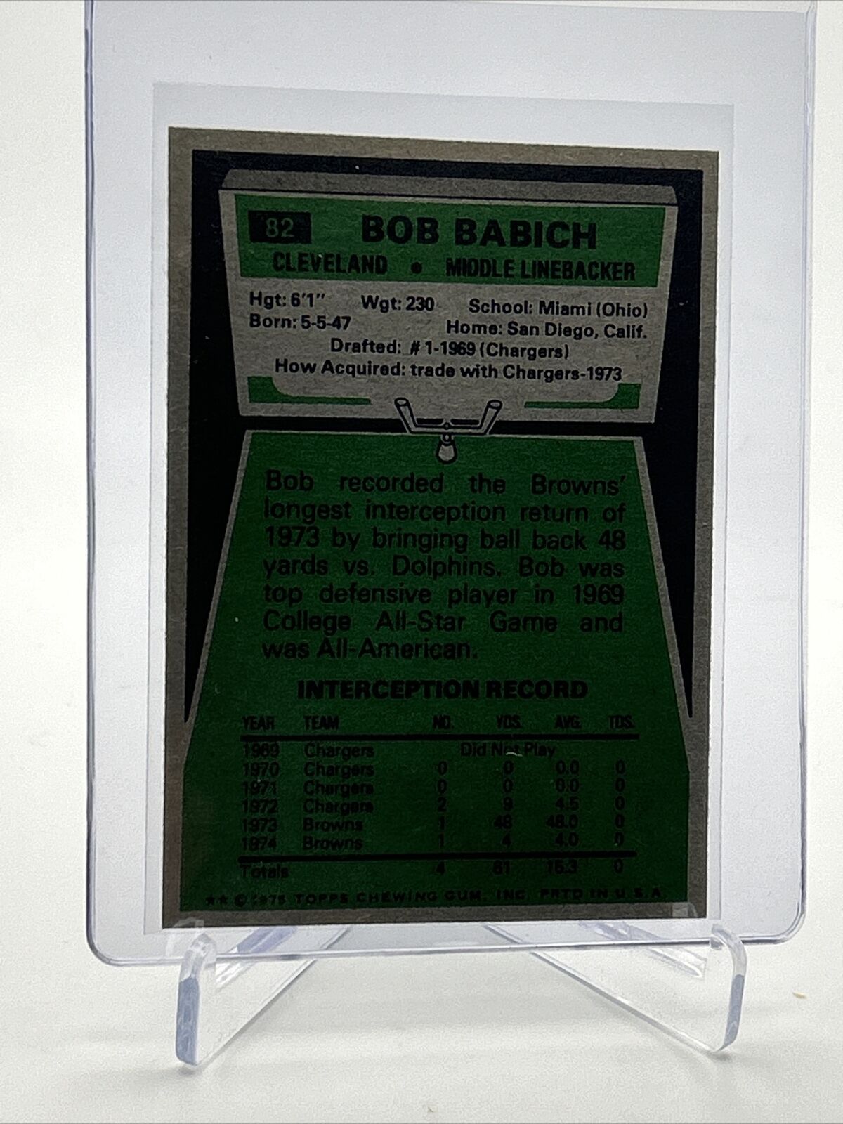 1975 Topps Bob Babich Football Card #82 NM Quality FREE SHIPPING