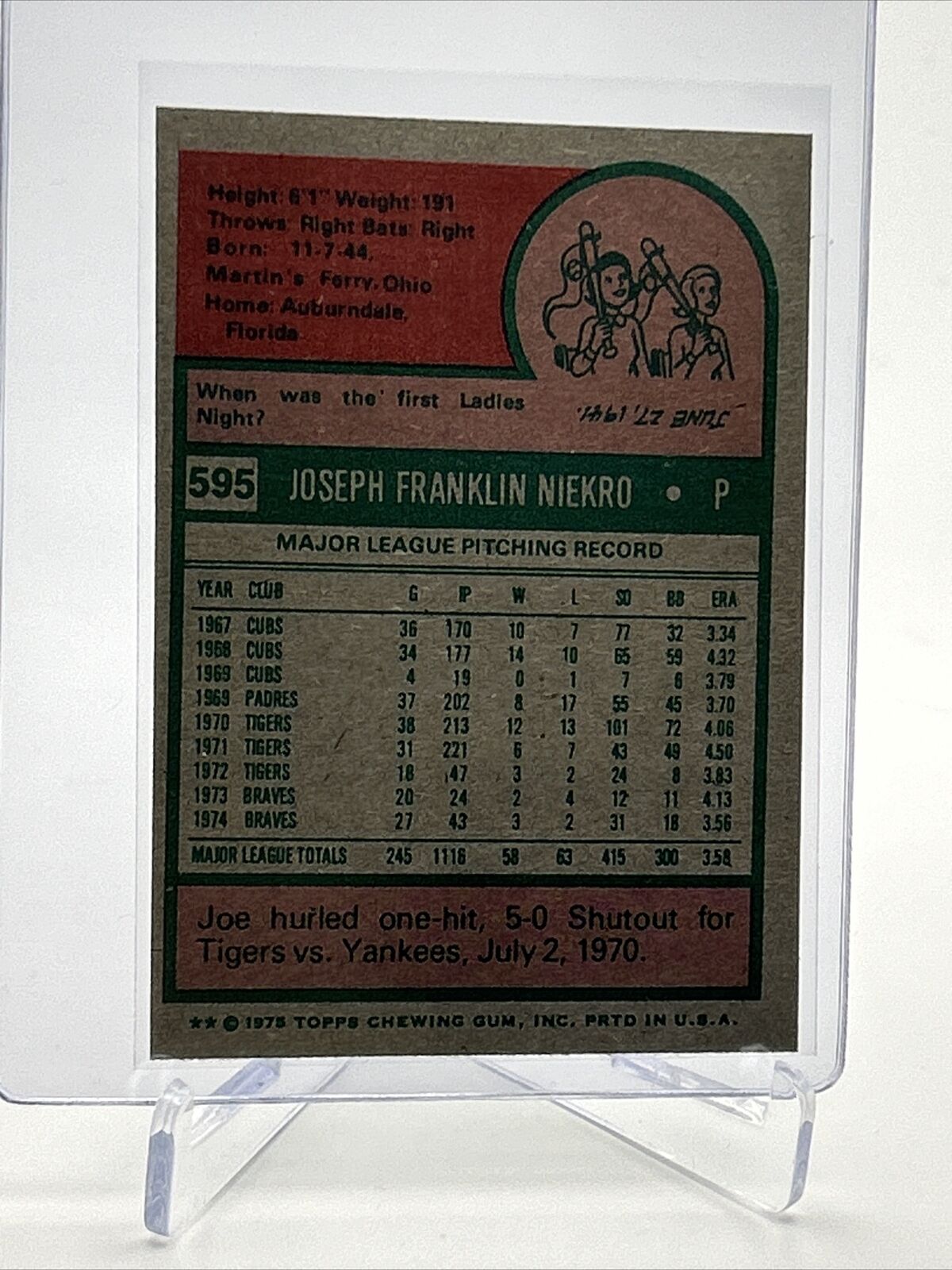 1975 Topps Joe Niekro Baseball Card #595 NM Quality FREE SHIPPING