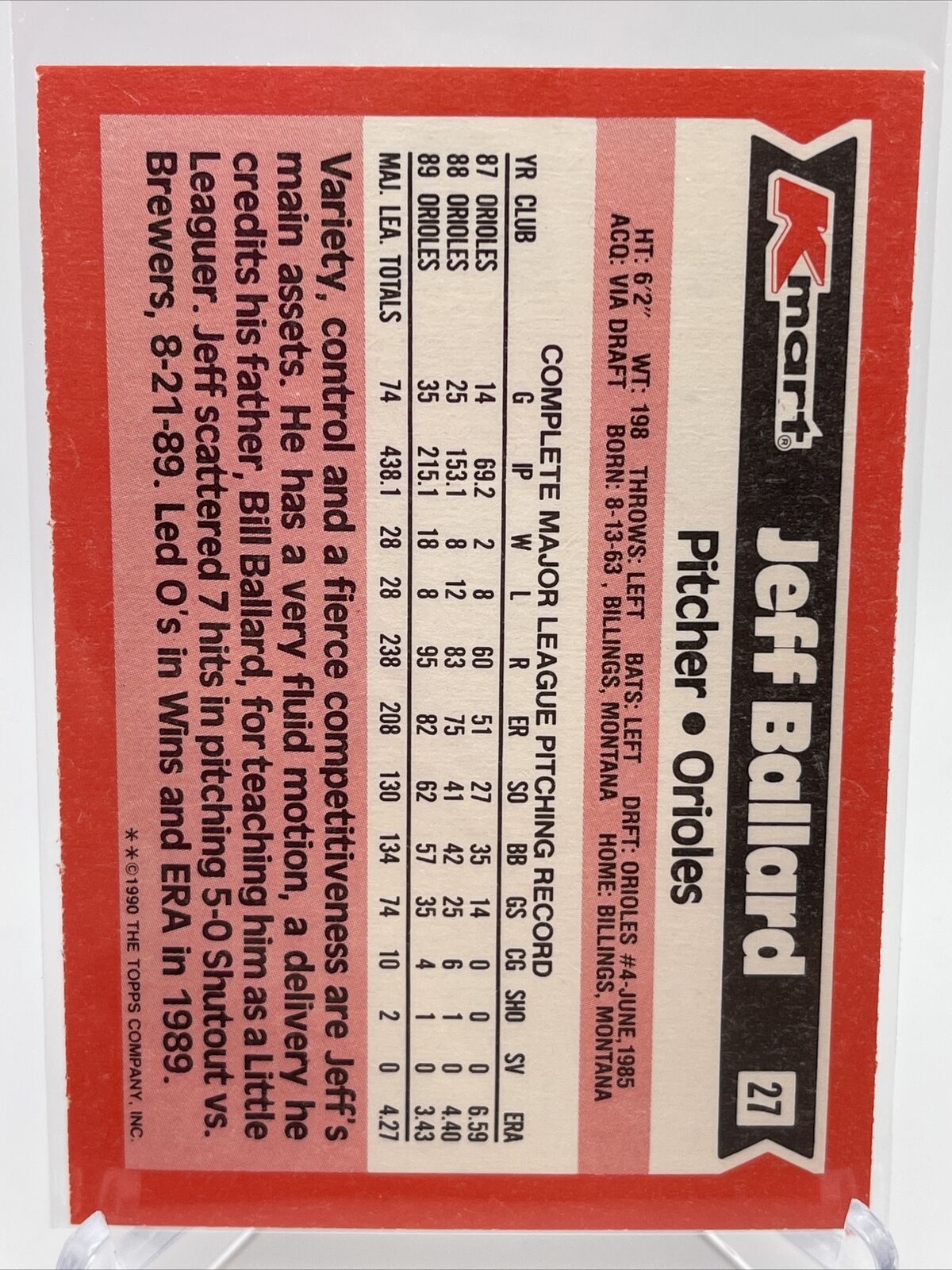 1990 Topps Kmart Super Stars Jeff Ballard Baseball Card #27 Mint FREE SHIPPING
