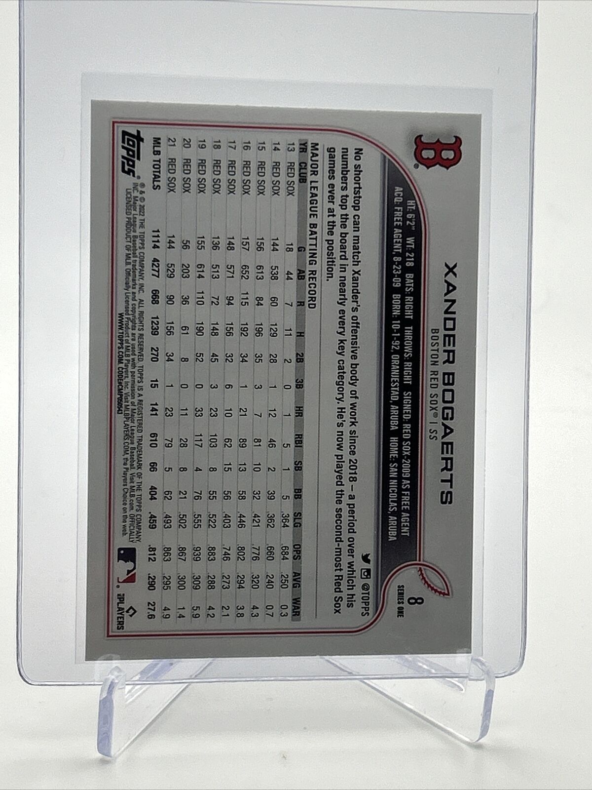 2022 Topps Xander Bogaerts Baseball Card #8 Mint FREE SHIPPING