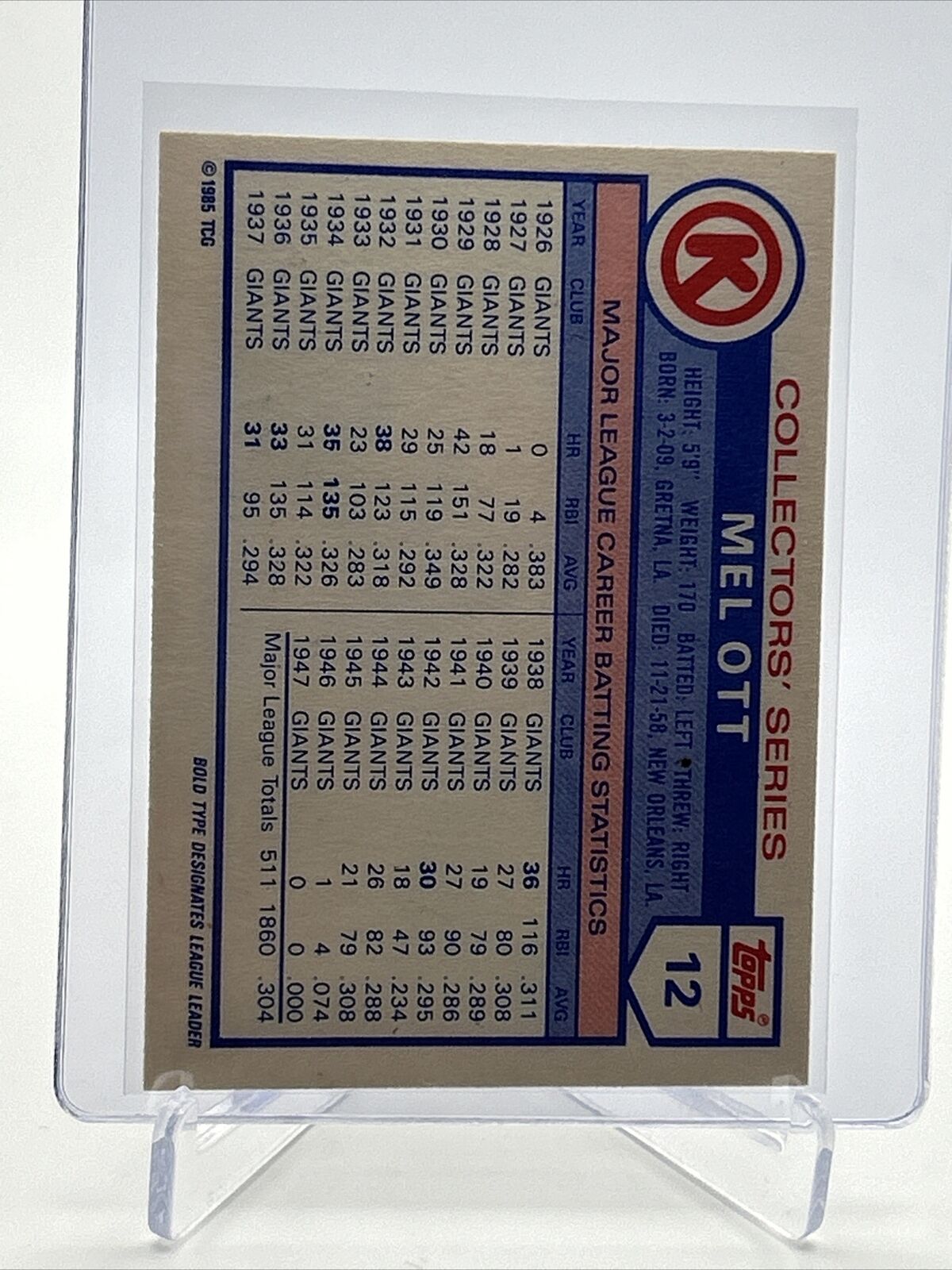 1985 Topps Circle K Mel Ott Baseball Card #12 Mint FREE SHIPPING