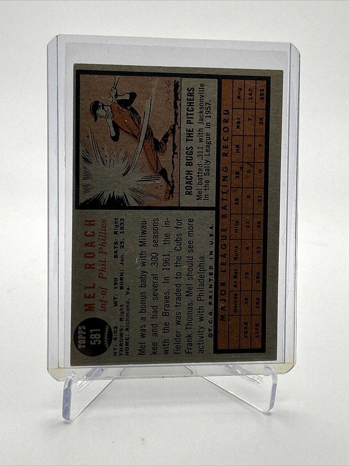 1962 Topps Mel Roach Baseball Card #581 VG Quality FREE SHIPPING