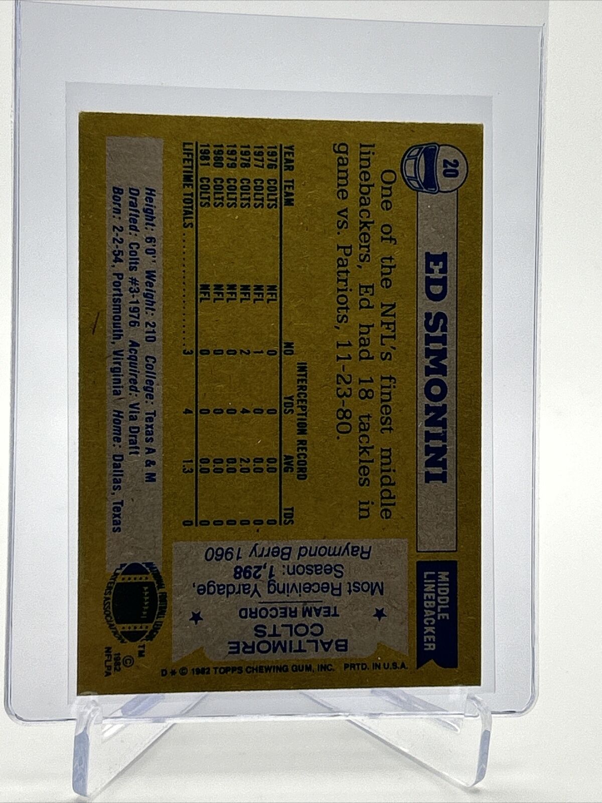 1982 Topps Ed Simonini Football Card #20 NM-MT FREE SHIPPING