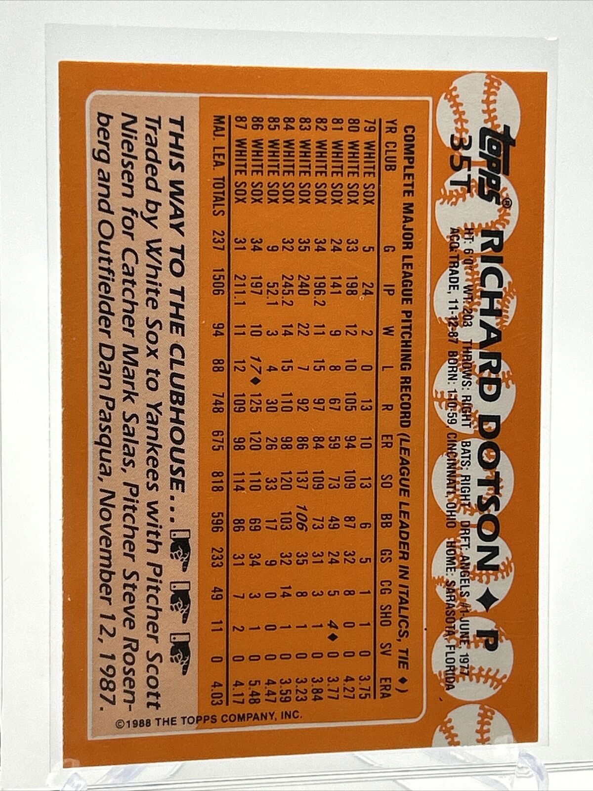 1988 Topps Traded TIFFANY Baseball Card Richard Dotson #35T Mint FREE SHIPPING