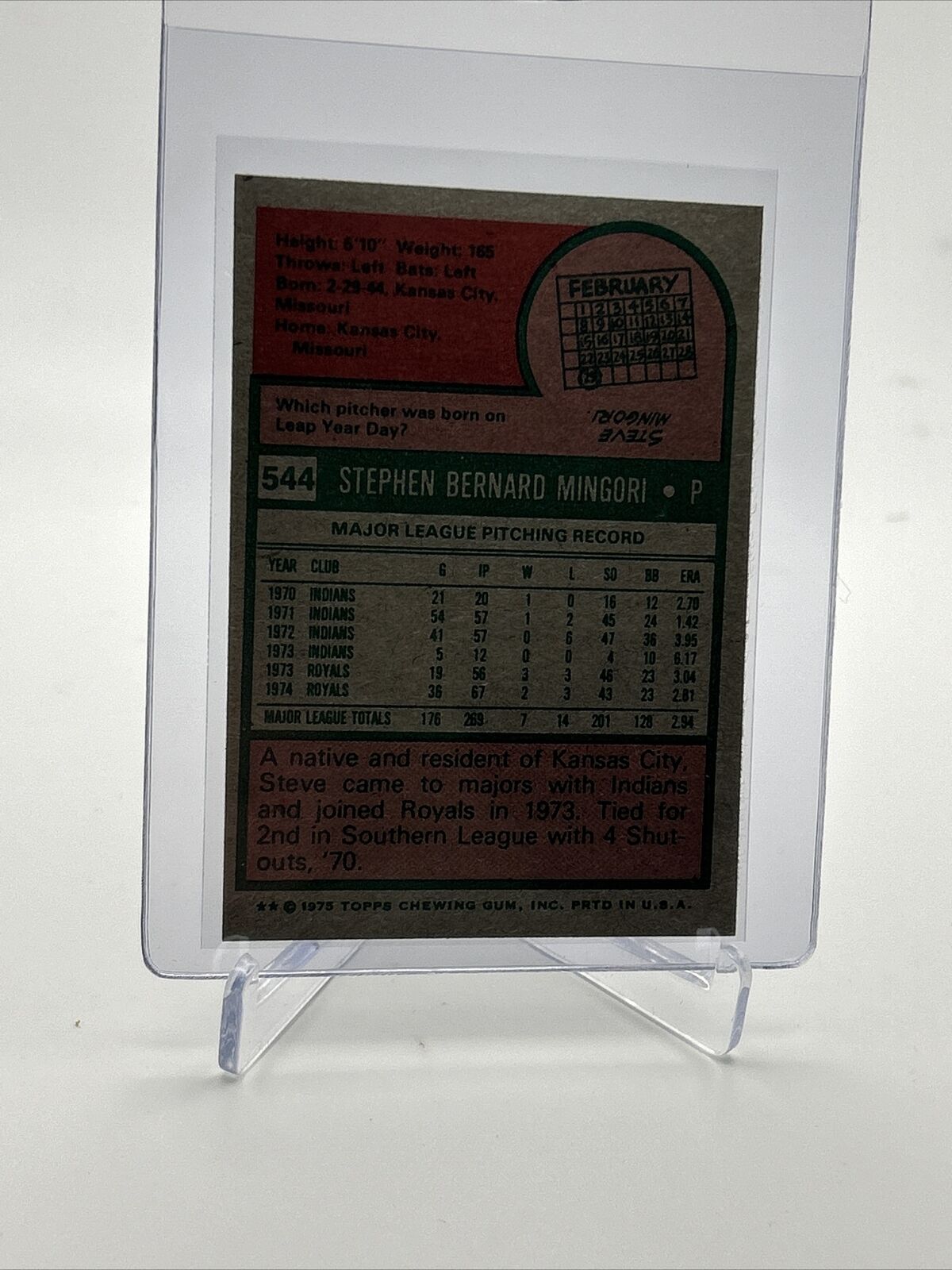 1975 Topps Steve Mingori Baseball Card #544 NM Quality FREE SHIPPING