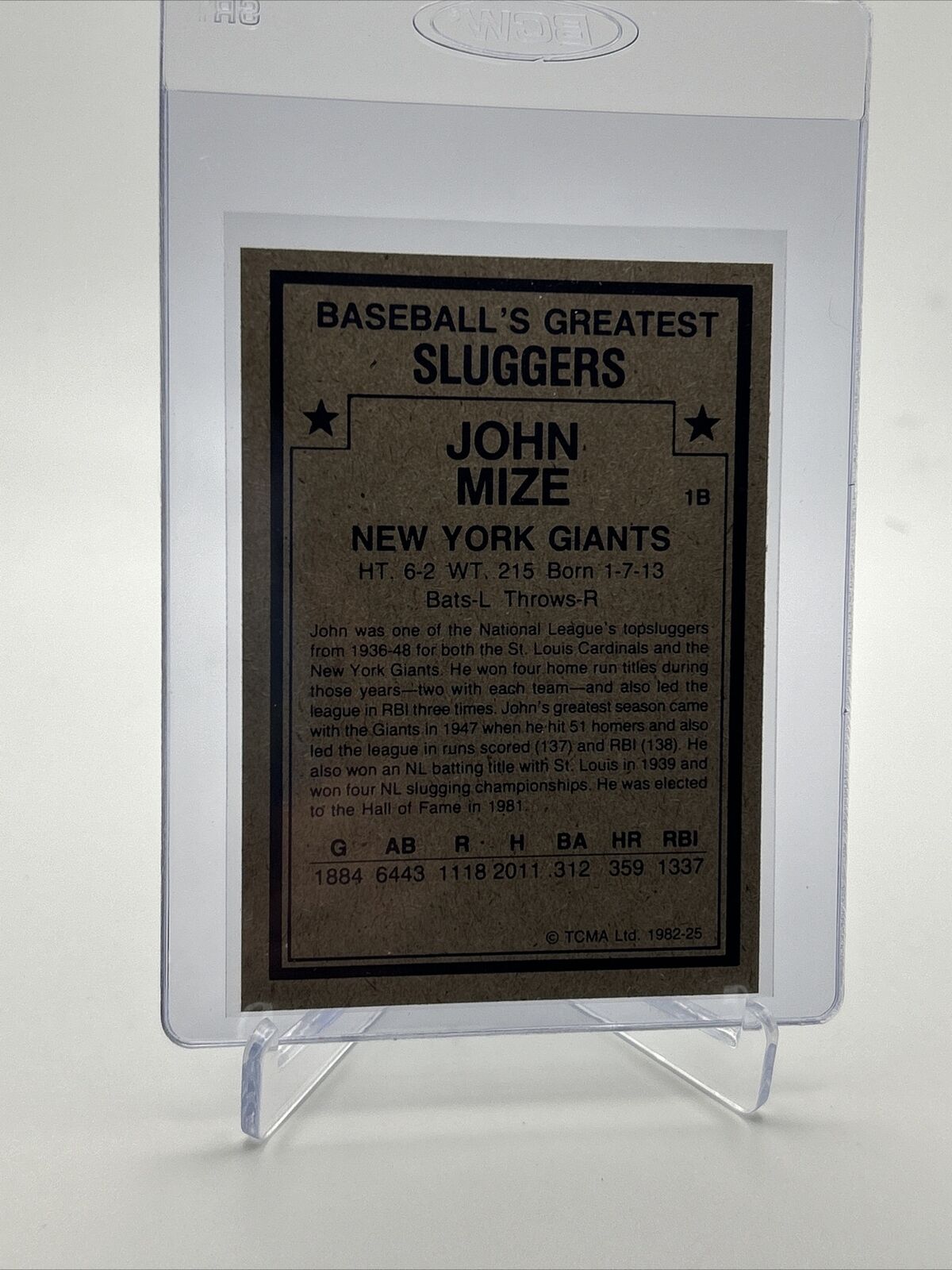 1982 TCMA Greatest Sluggers Johnny Mize Baseball Card #25 Mint FREE SHIPPING