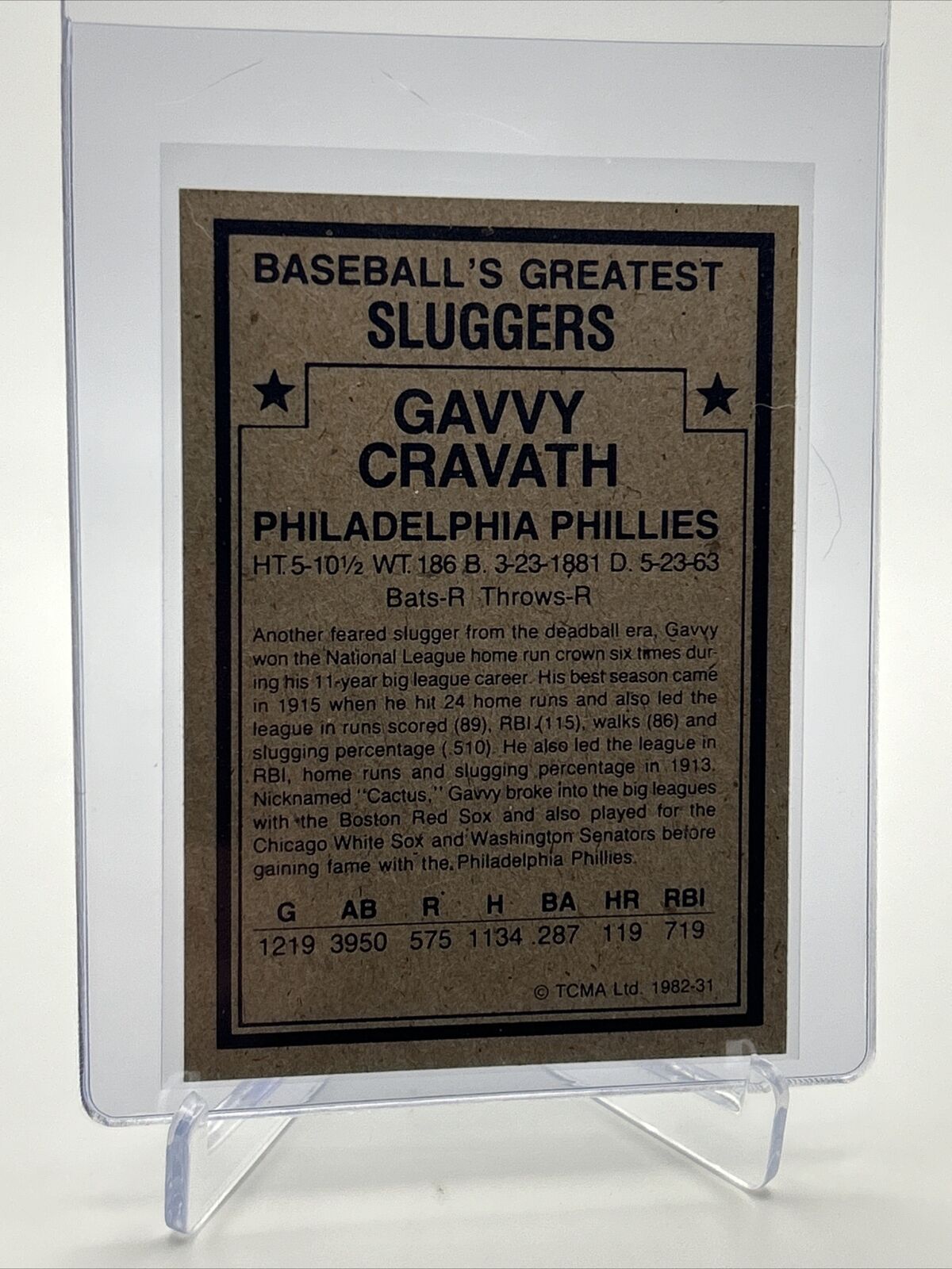 1982 TCMA Greatest Sluggers Gavvy Cravath Baseball Card #31 Mint FREE SHIPPING