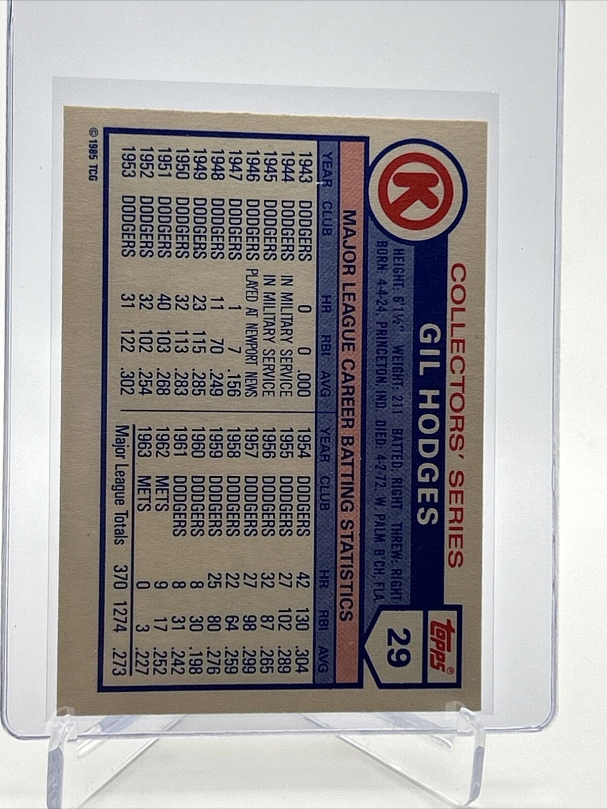 1985 Topps Circle K Gil Hodges Baseball Card #29 Mint FREE SHIPPING