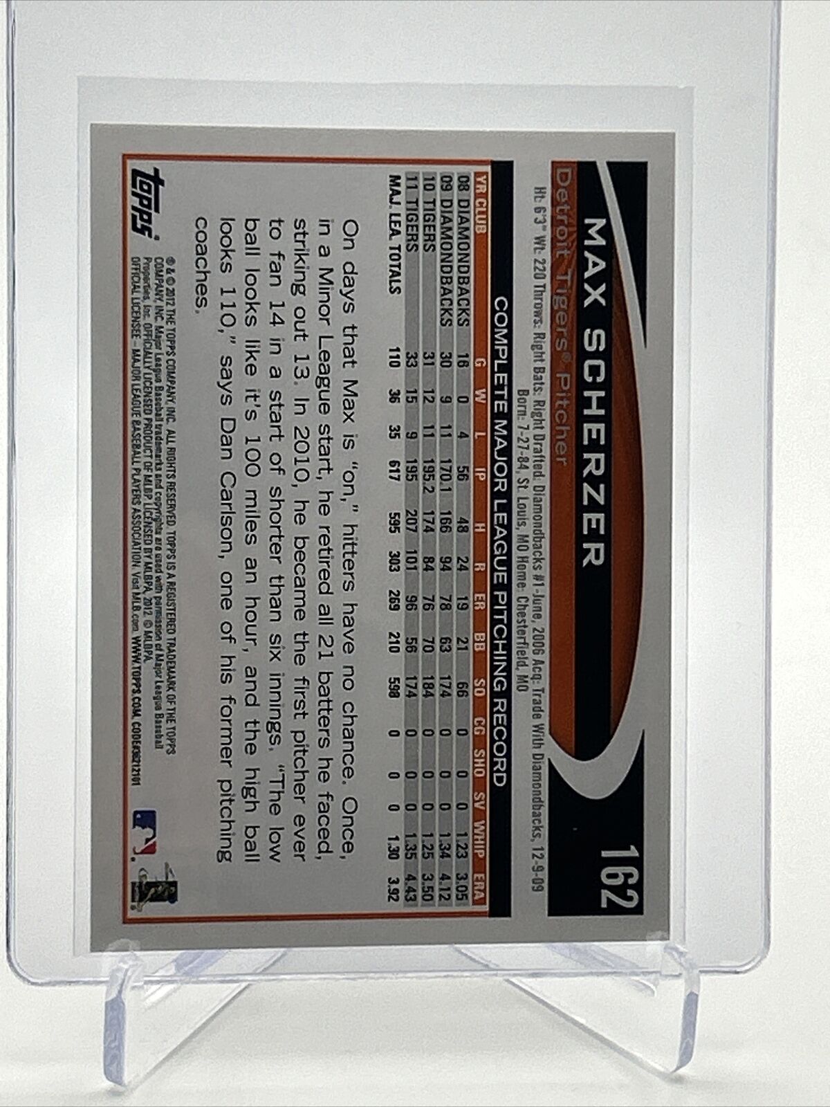 2012 Topps Max Scherzer Baseball Card #162 Mint FREE SHIPPING