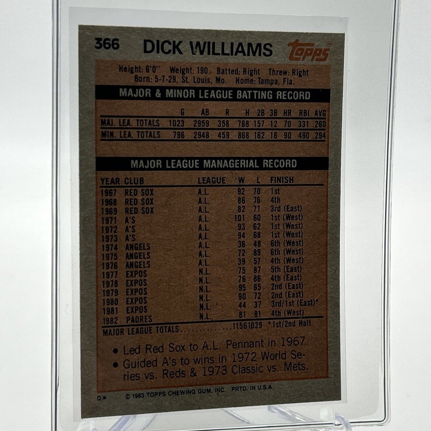 1983 Topps Dick Williams Baseball Card #366 NM-Mint FREE SHIPPING