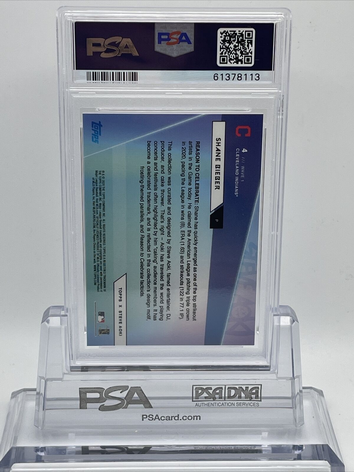 2020 Topps X Steve Aoki Shane Bieber Rainbow Foilboard Baseball Card #4 PSA 9