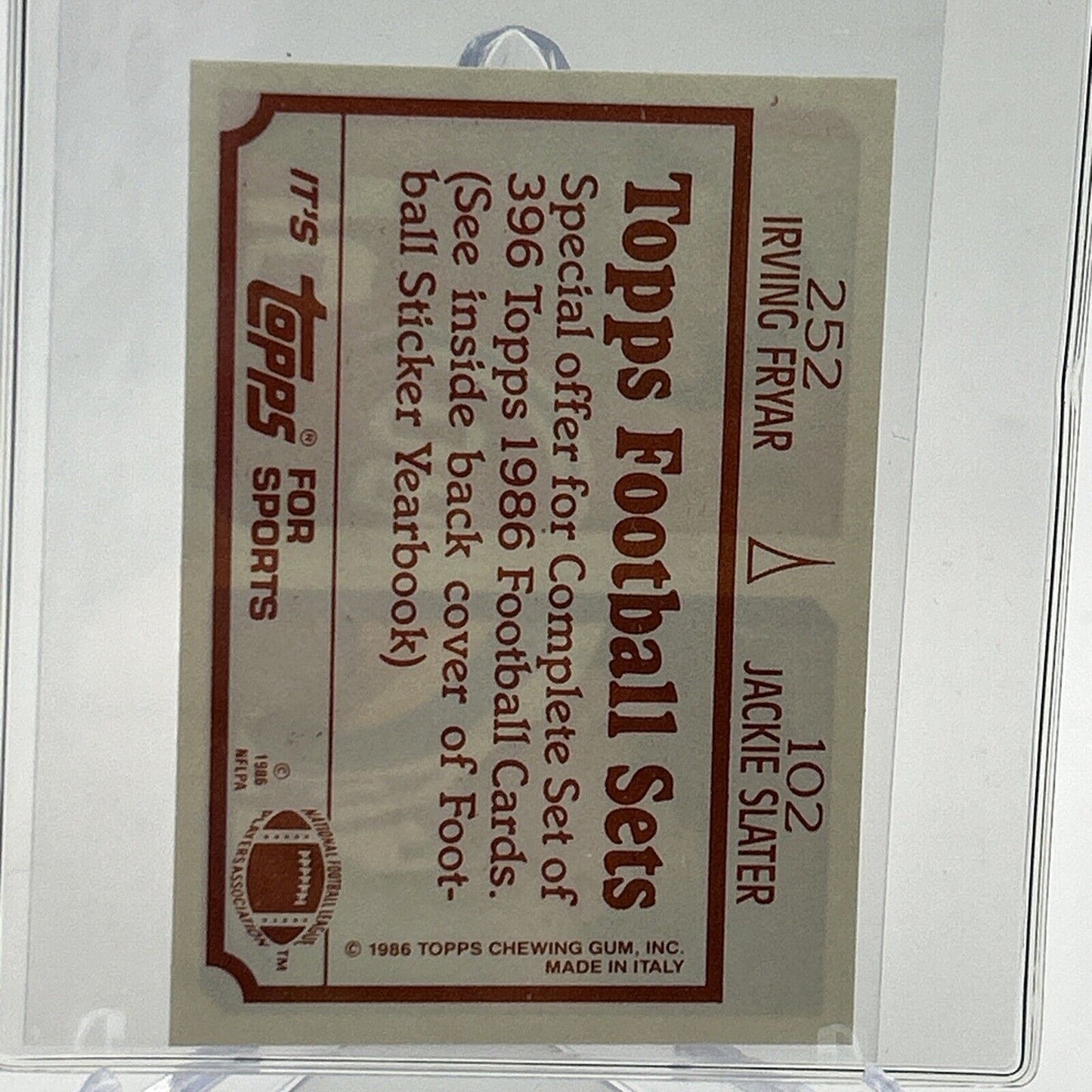 1986 Topps Jackie Slater/Irving Fryar Card #102/252 NM-MT FREE SHIPPING