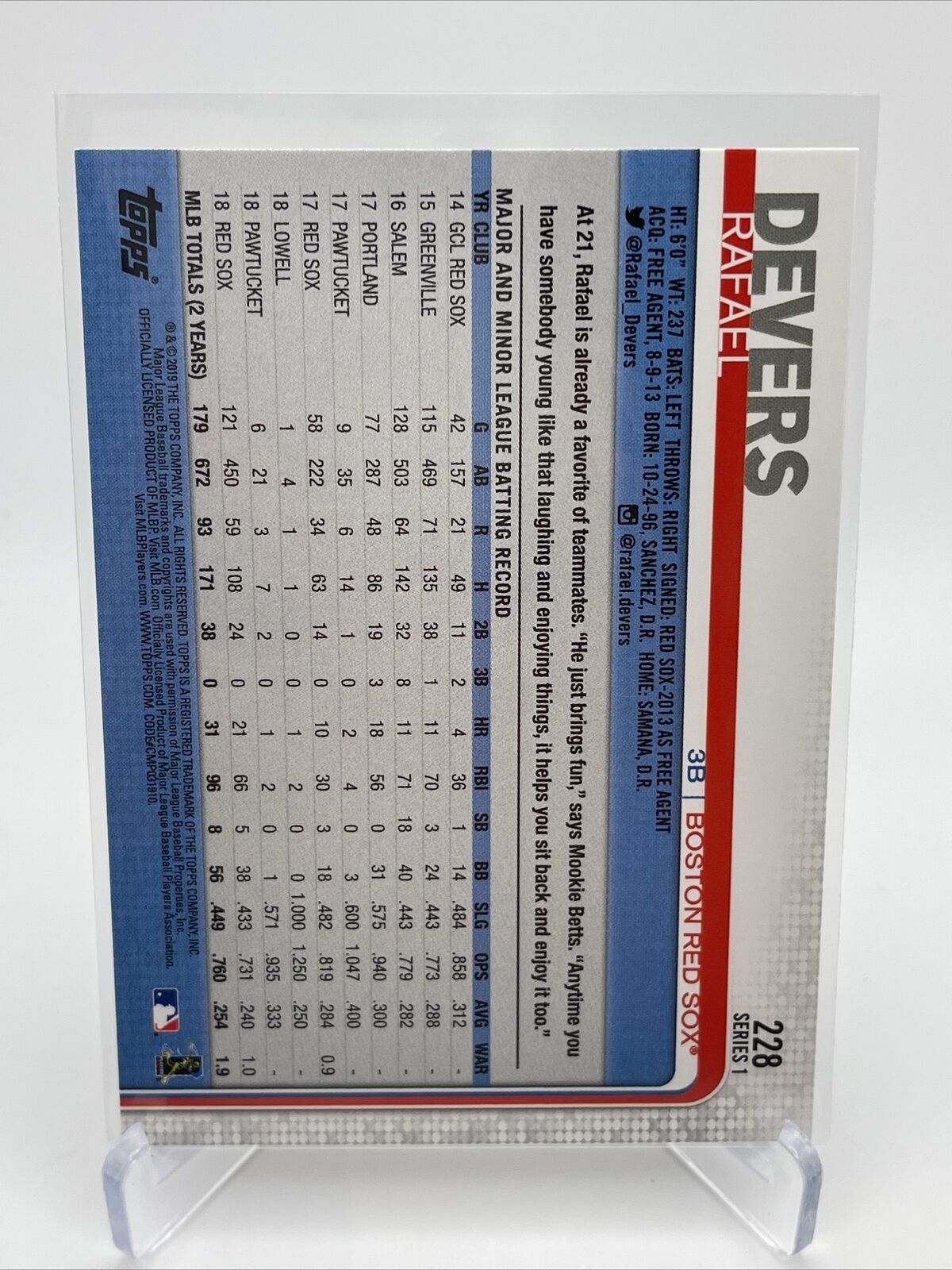 2019 Topps Rafael Devers Baseball Card #228 Mint FREE SHIPPING
