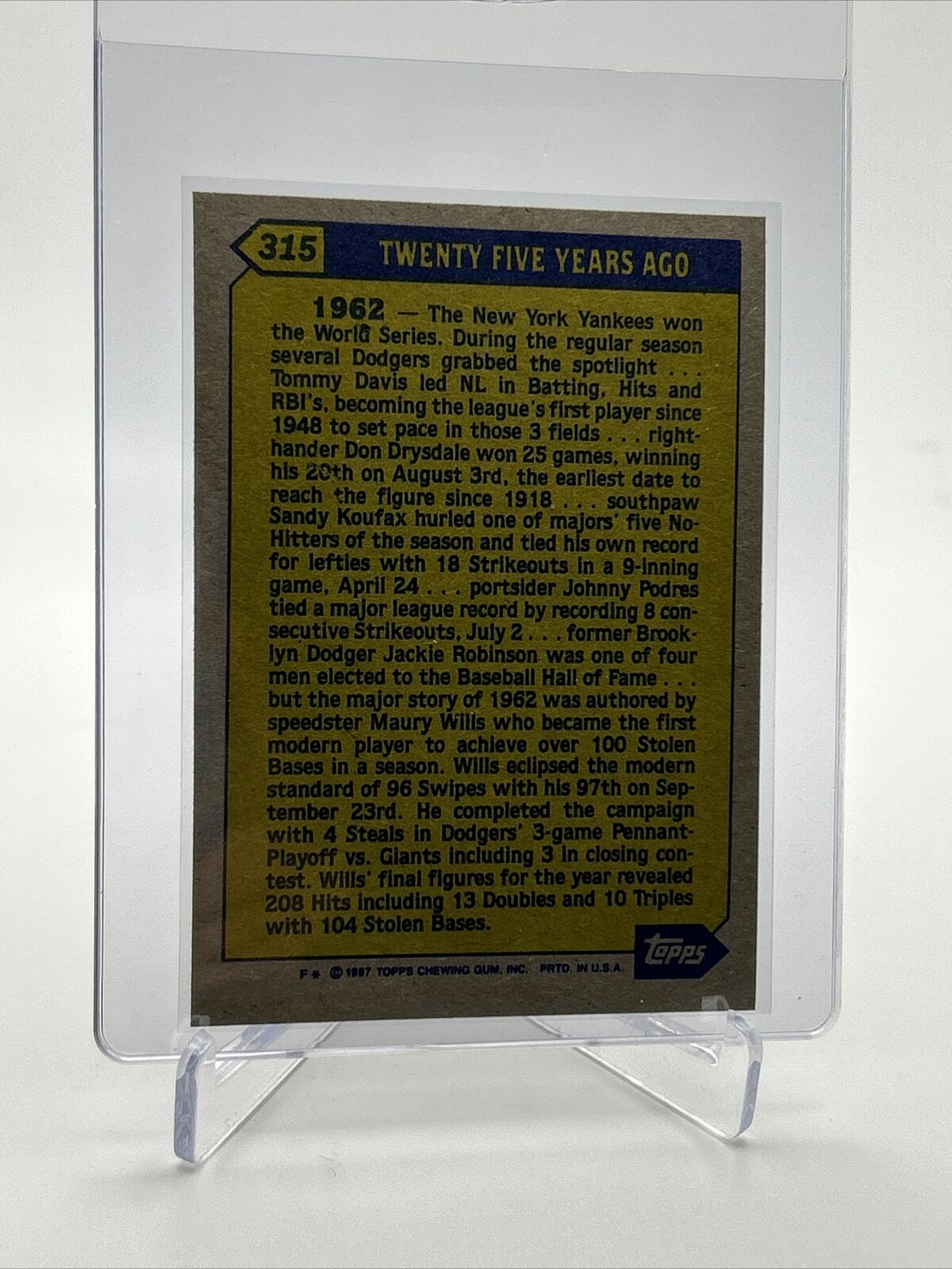 1987 Topps Maury Wills Baseball Card #315 Mint FREE SHIPPING