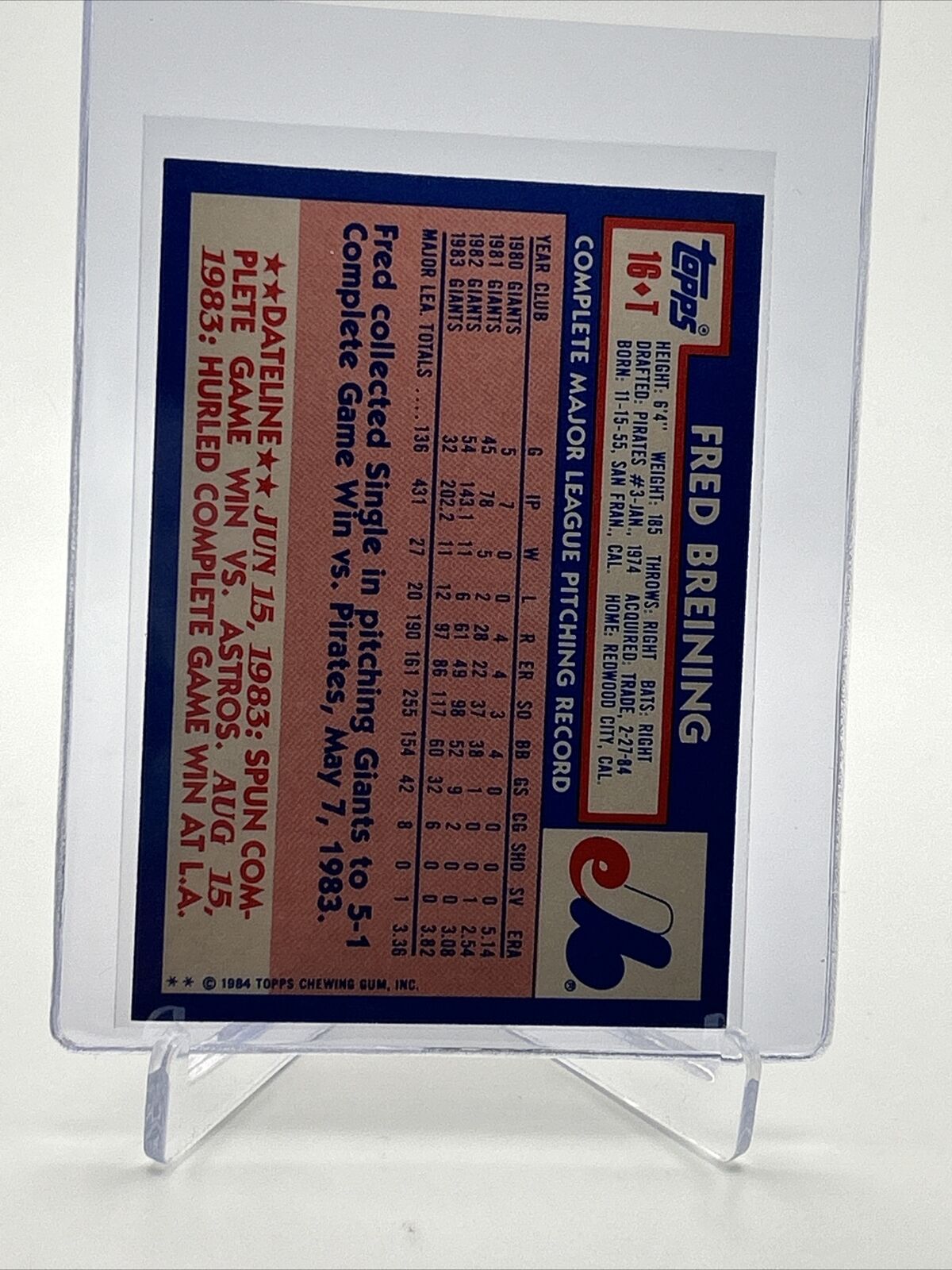 1984 Topps Traded TIFFANY Fred Breining Card #16T NM-MT FREE SHIPPING