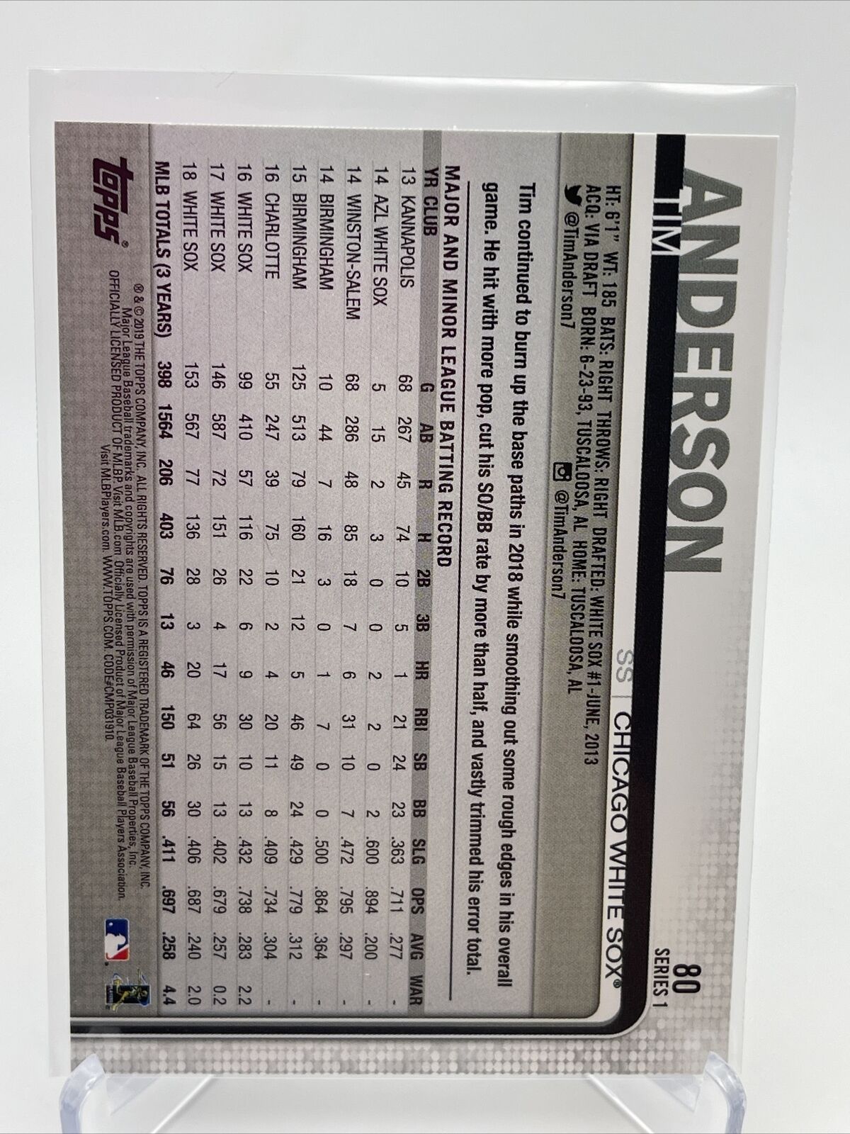 2019 Topps Tim Anderson Baseball Card #80 Mint FREE SHIPPING