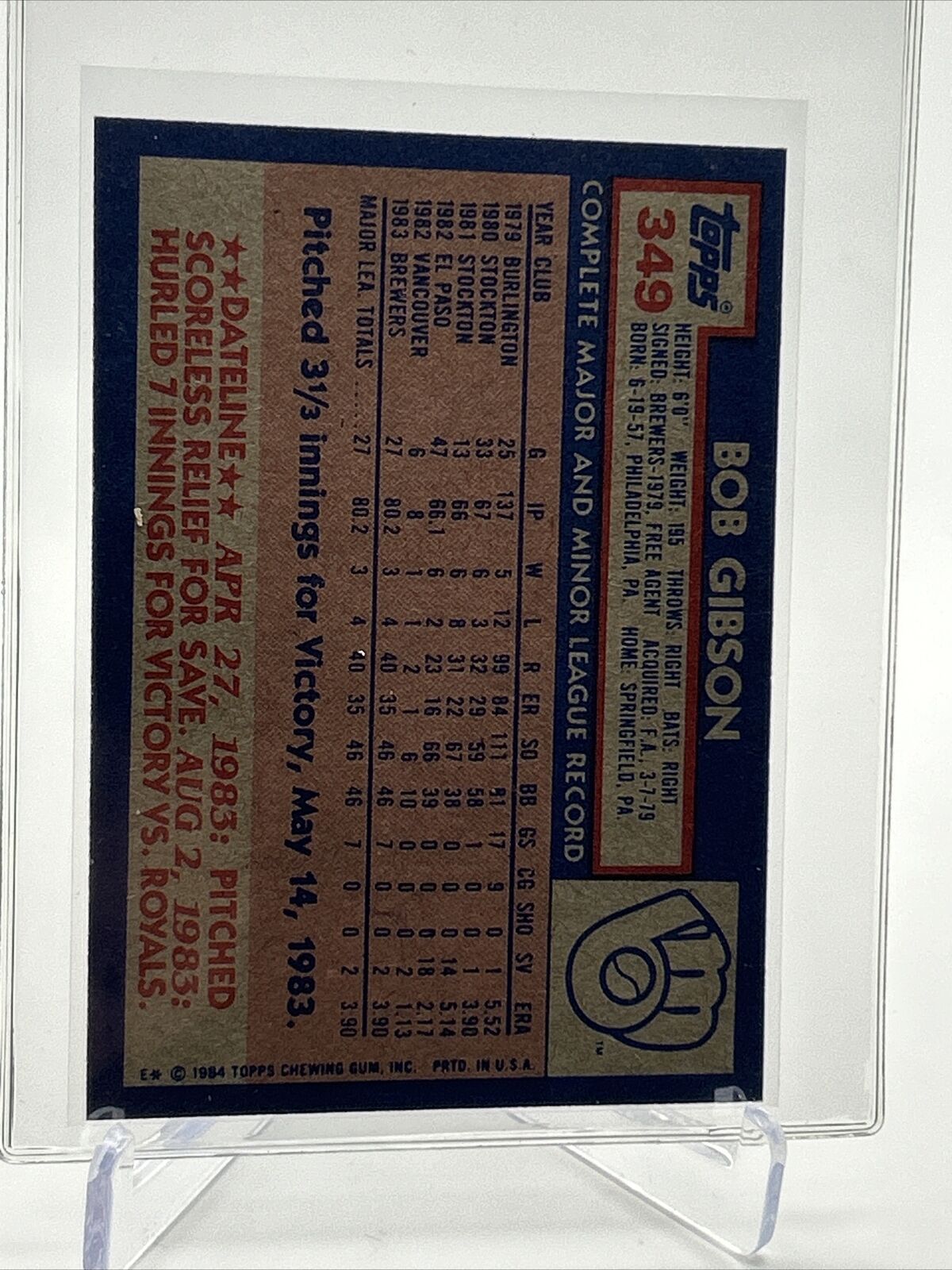 1984 Topps Bob Gibson Baseball Card #349 NM-Mint FREE SHIPPING
