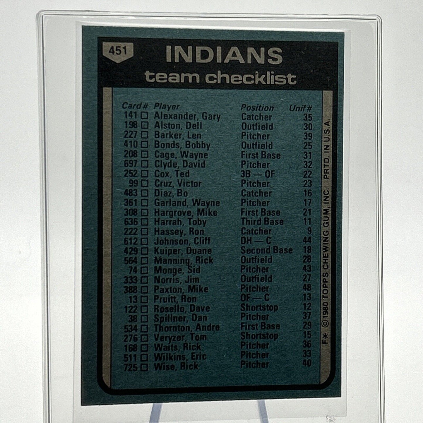 1980 Topps Dave Garcia Checklist Baseball Card #451 NM-Mint FREE SHIPPING