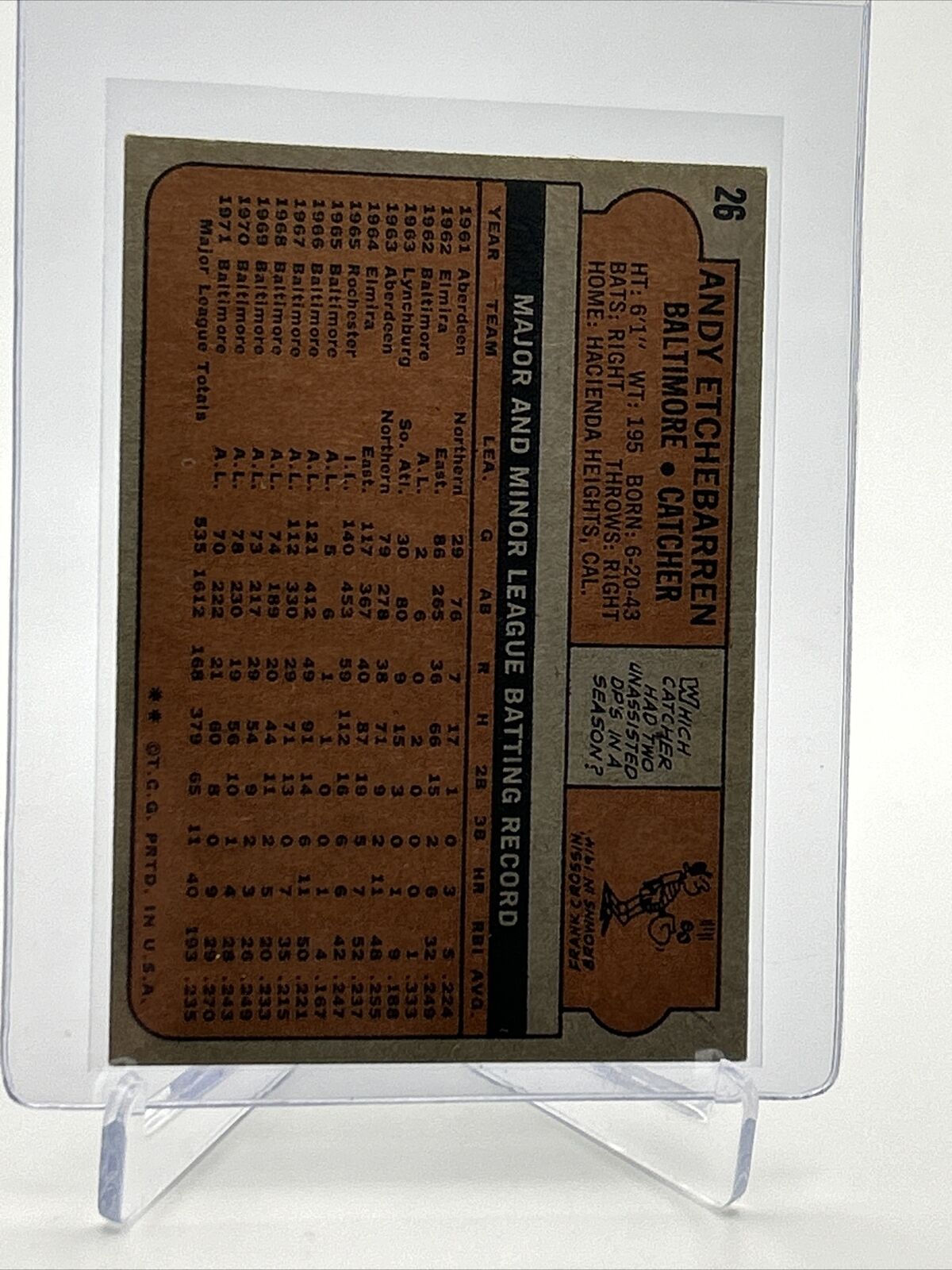 1972 Topps Andy Etchebarren Baseball Card #26 VG-EX Quality FREE SHIPPING