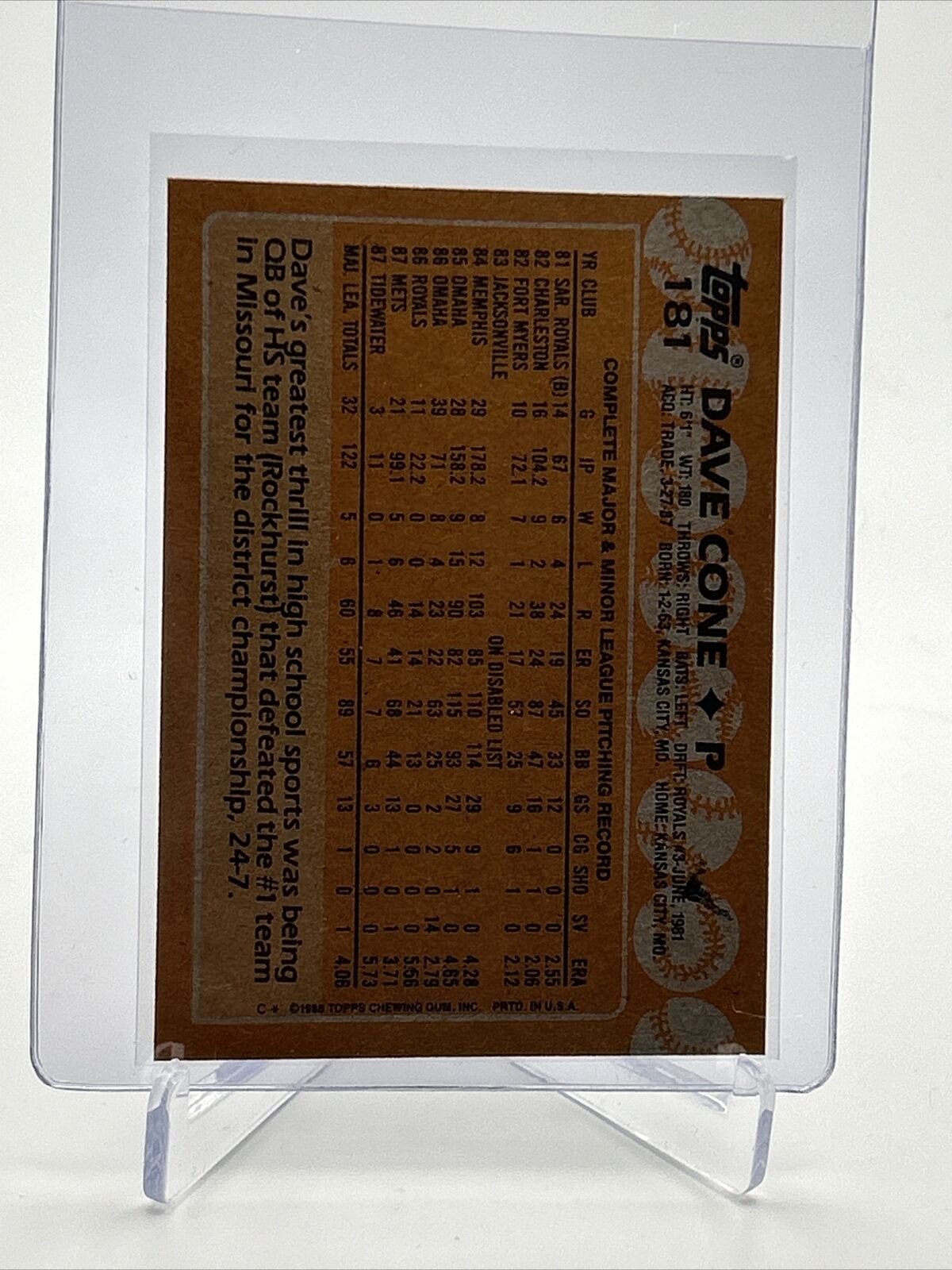 1988 Topps Dave Cone Baseball Card #181 Mint FREE SHIPPING