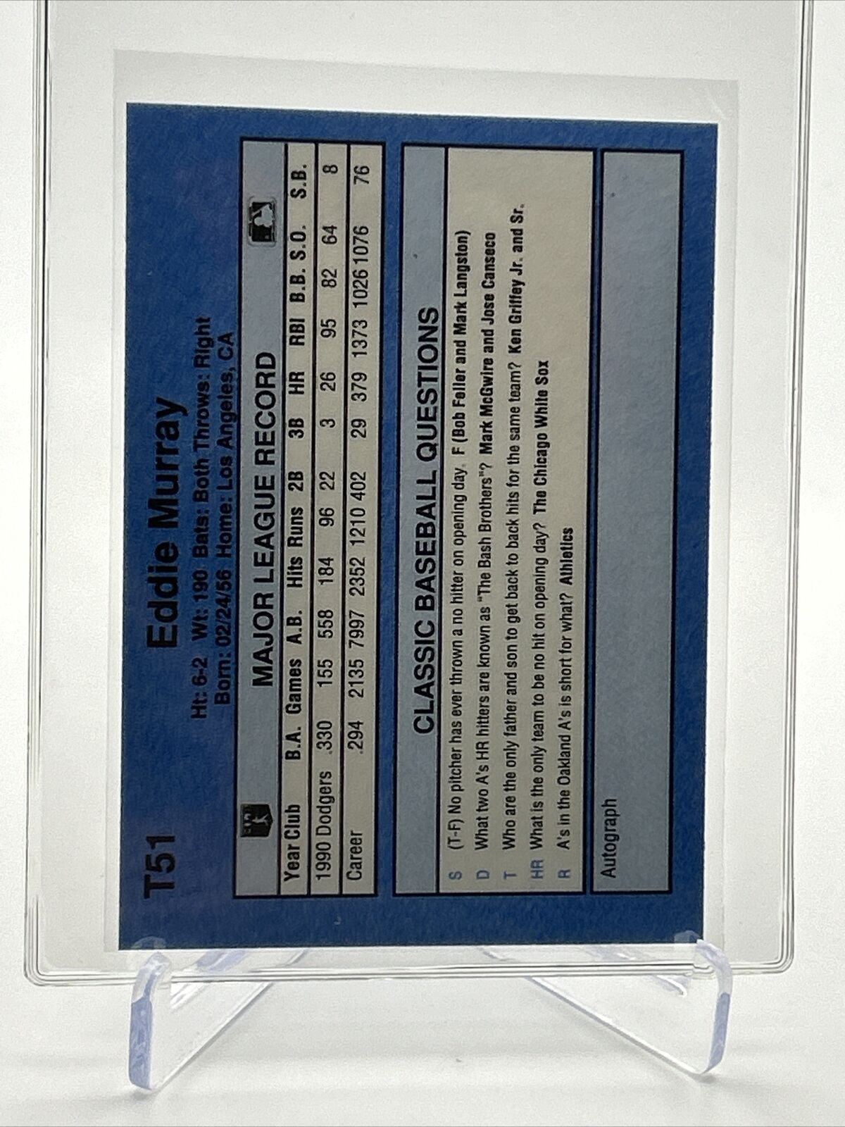 1991 Classic Eddie Murray Baseball Card #T51 Mint FREE SHIPPING