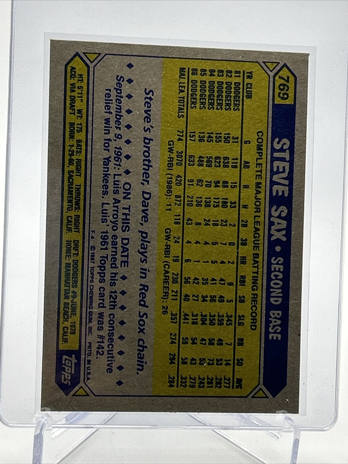 1987 Topps Steve Sax Baseball Card #769 Mint FREE SHIPPING