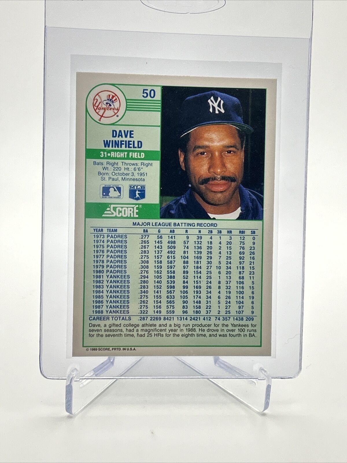 1989 Score Dave Winfield Baseball Card #50 Mint FREE SHIPPING