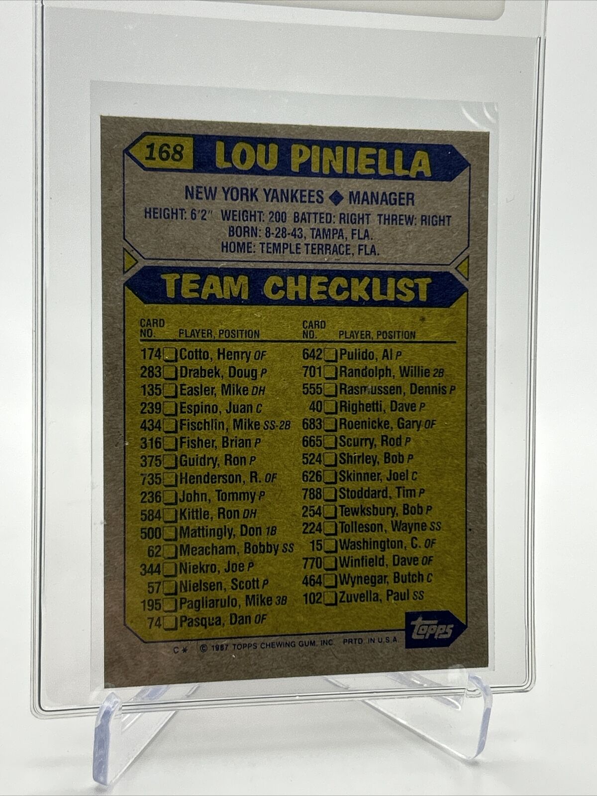 1987 Topps Lou Piniella Baseball Card #168 Mint FREE SHIPPING