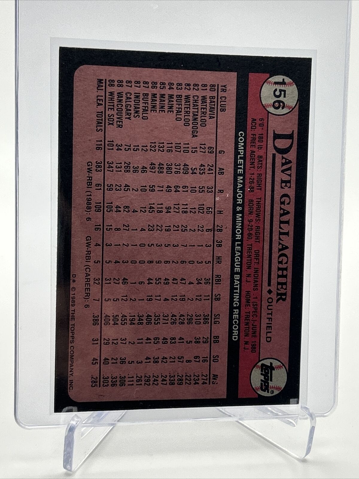 1989 Topps Dave Gallagher Rookie Baseball Card #156 Mint FREE SHIPPING