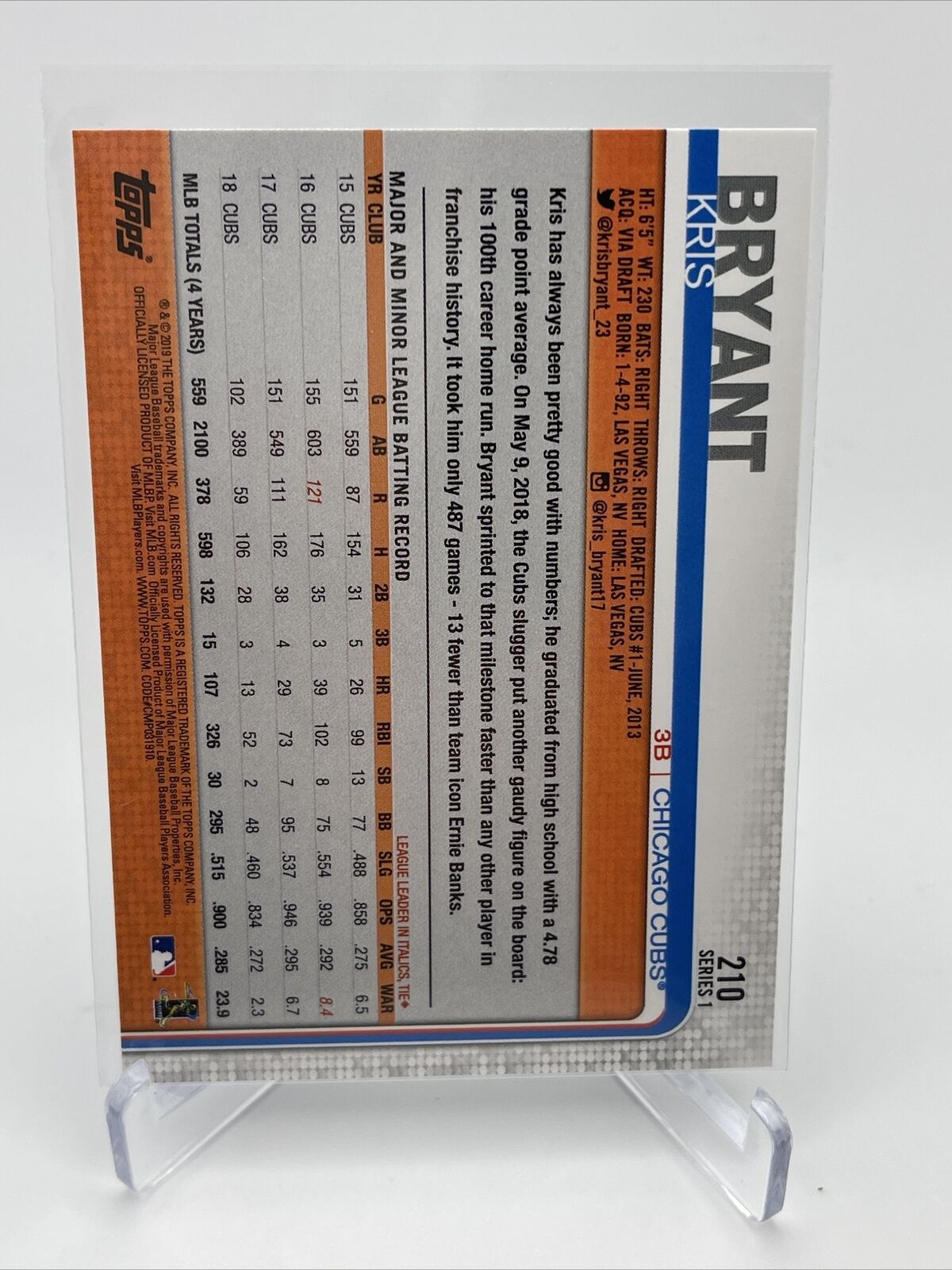 2019 Topps Kris Bryant Baseball Card #210 Mint FREE SHIPPING